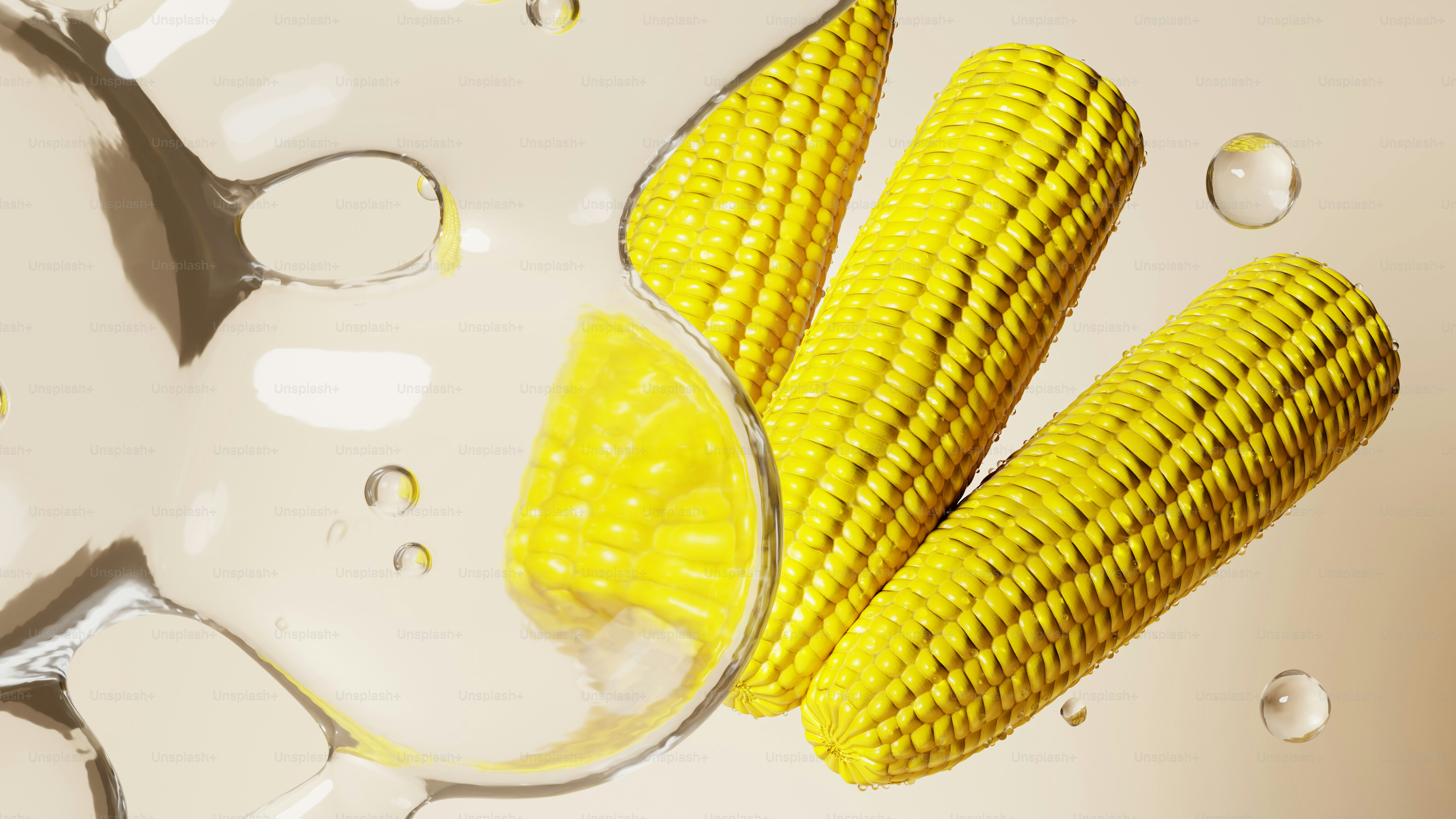 Tre spighe di grano con goccioline d'acqua