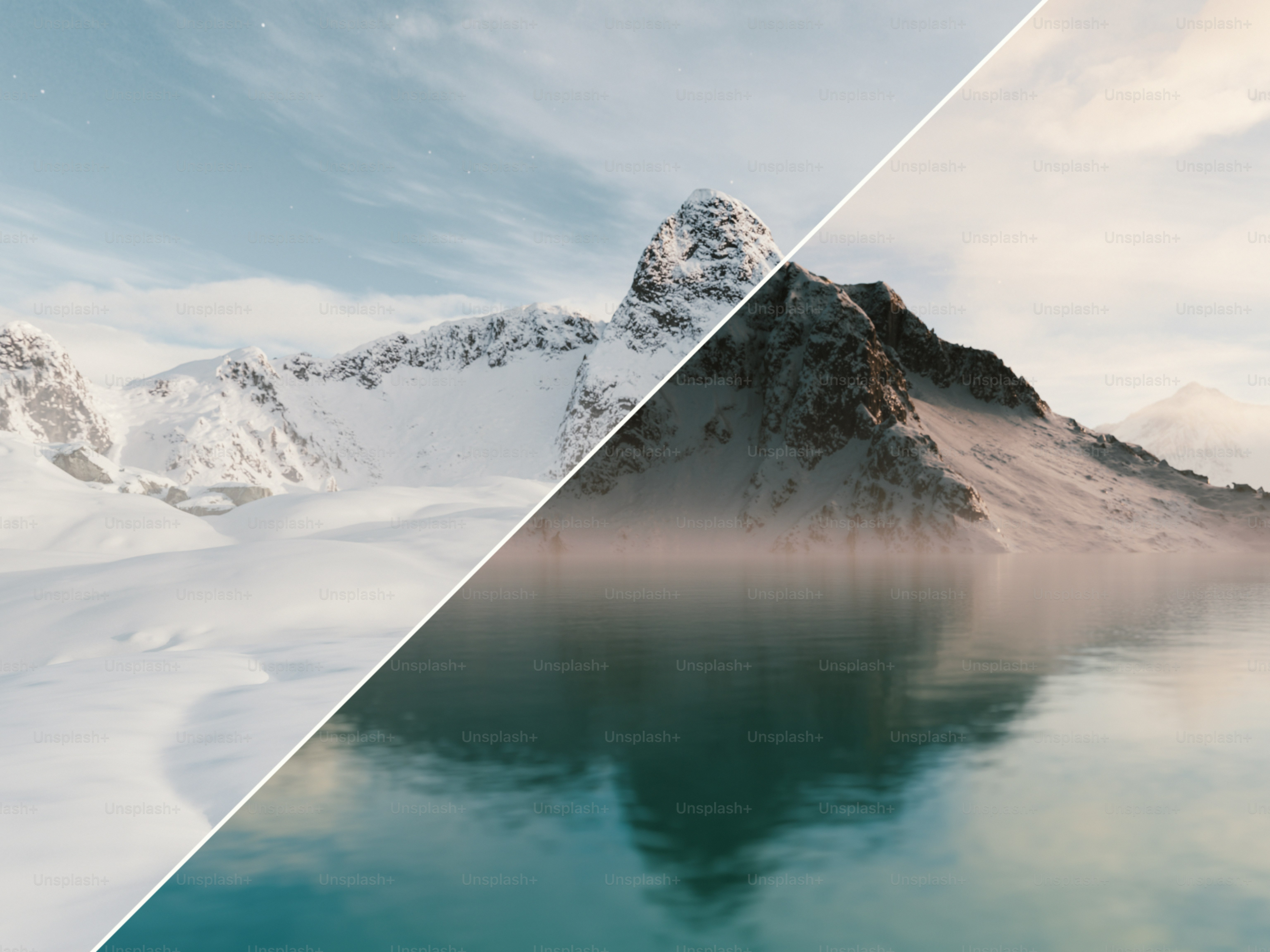 Montagnes enneigées se reflétant dans l’eau calme