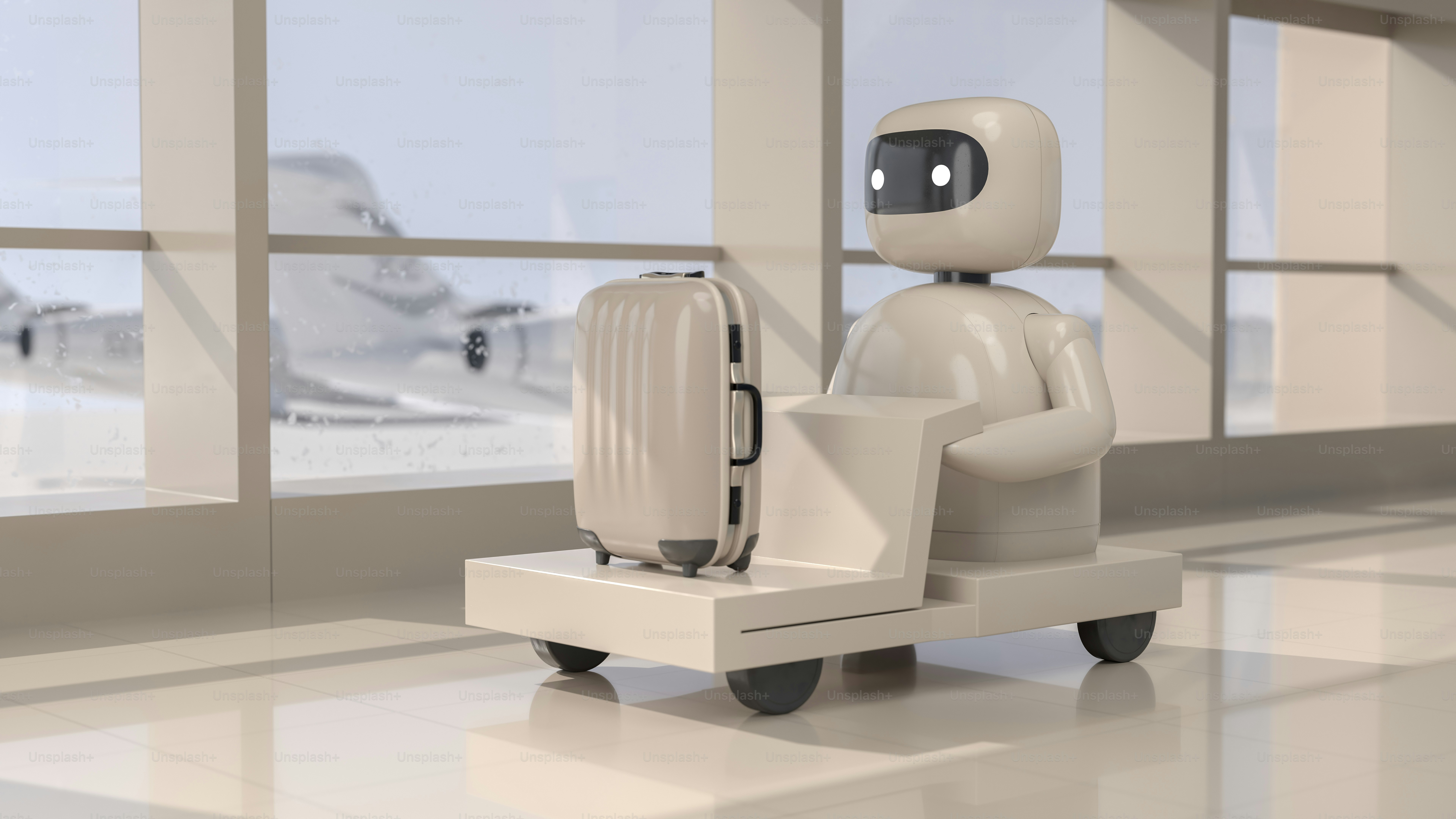 Robot con equipaje en una terminal de aeropuerto