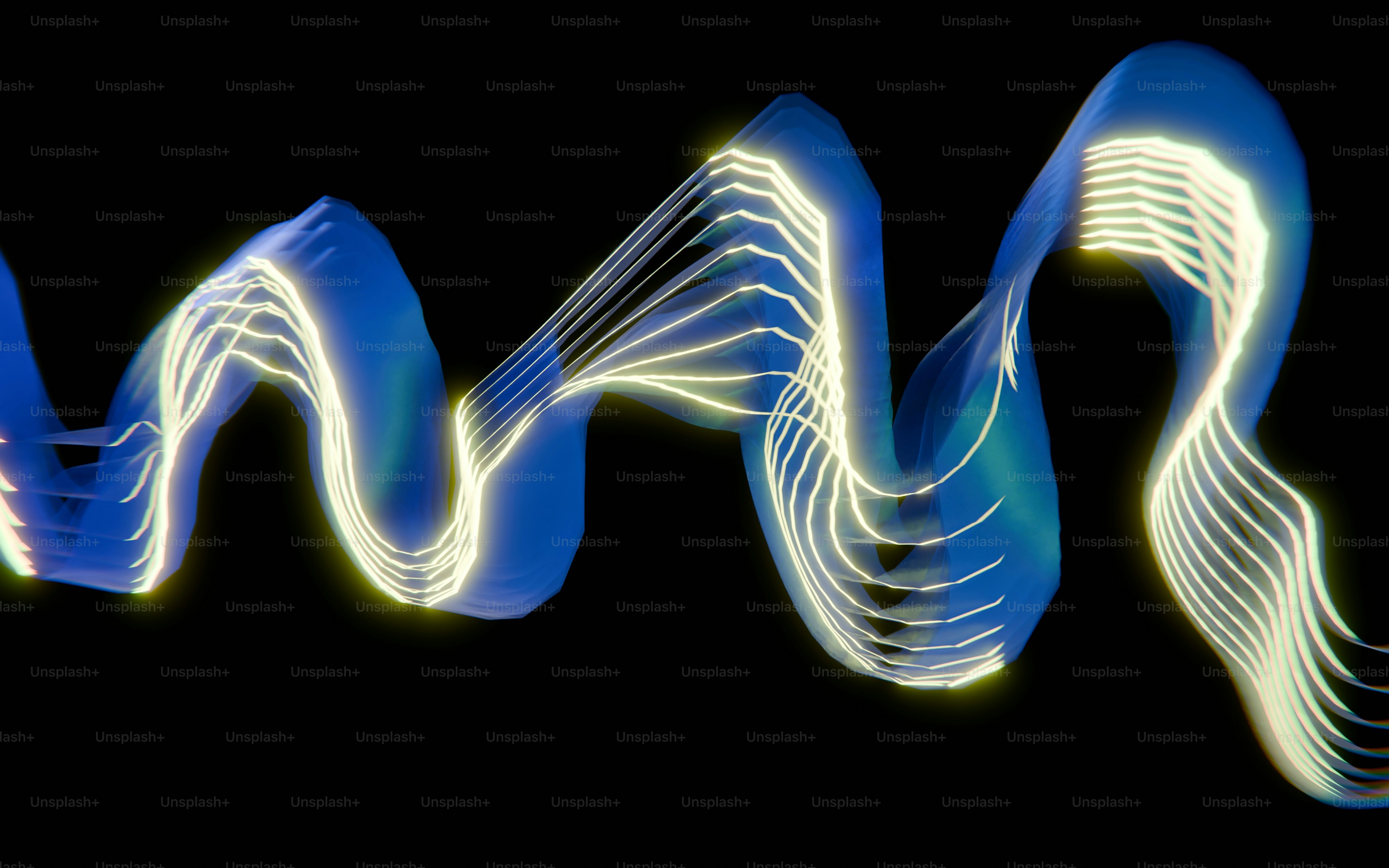 노란색 조명이 빛나는 추상적인 파란색 리본