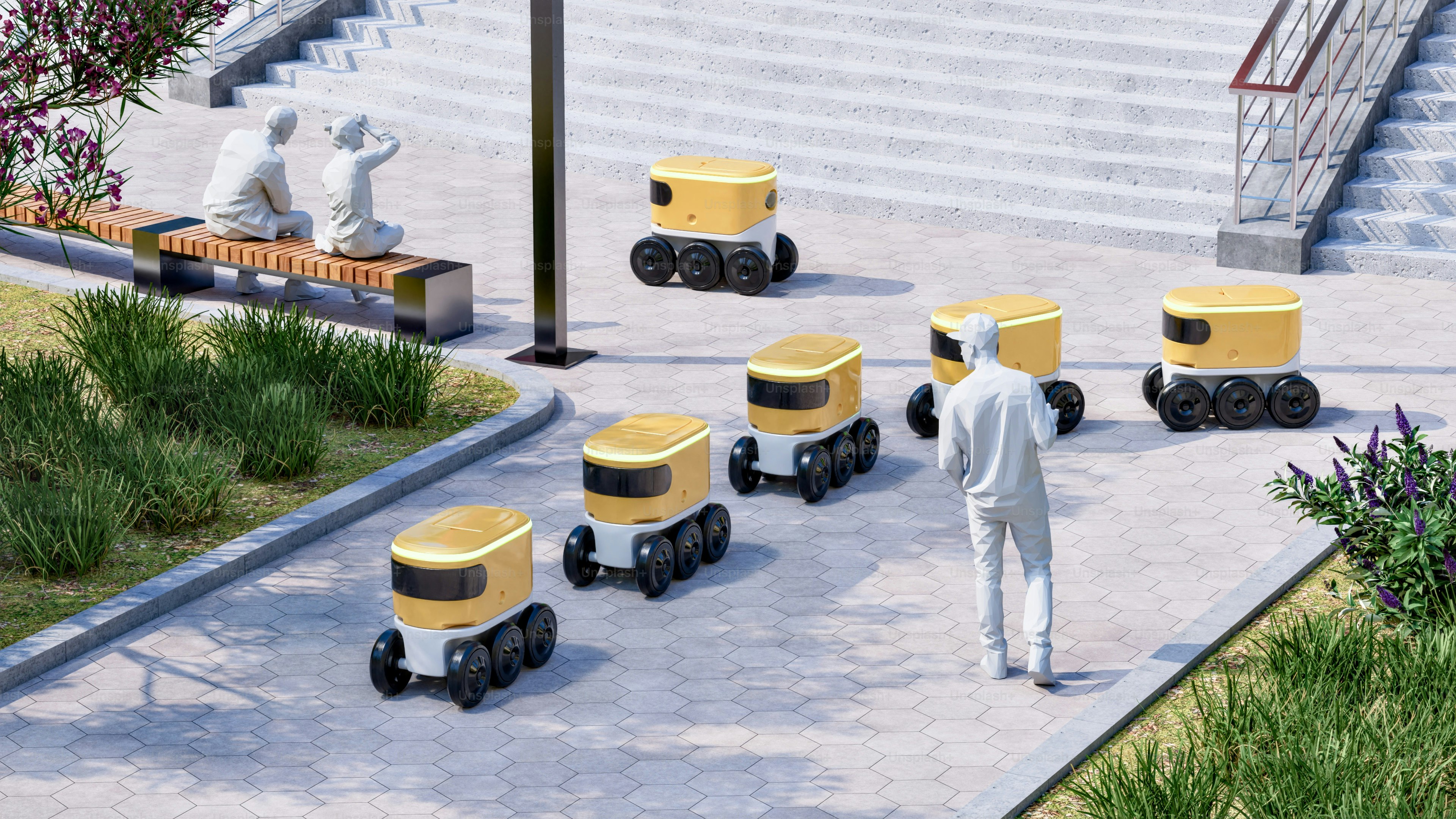 Delivery robots moving on a sidewalk with people.
