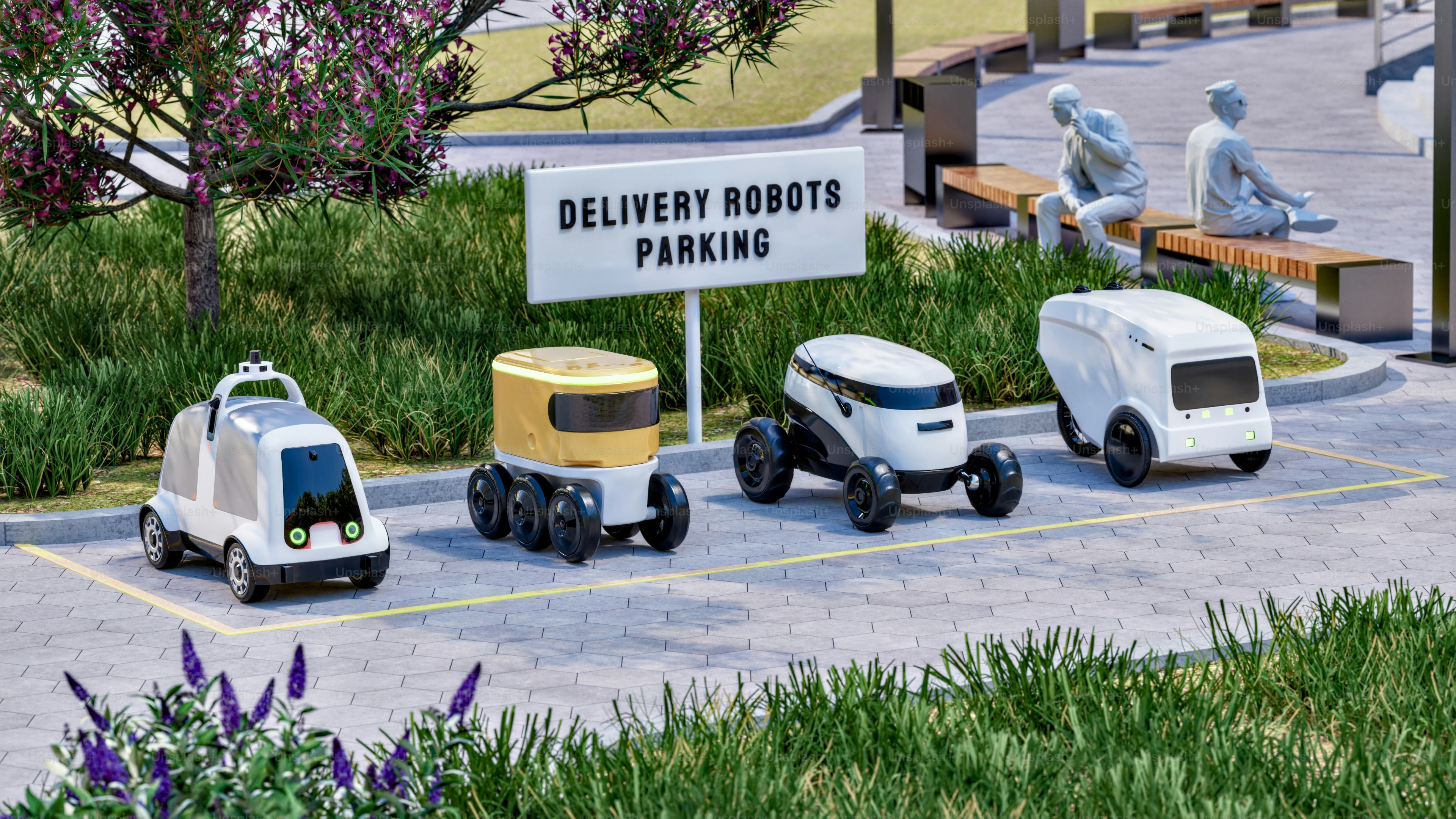Four delivery robots parked in a designated area.