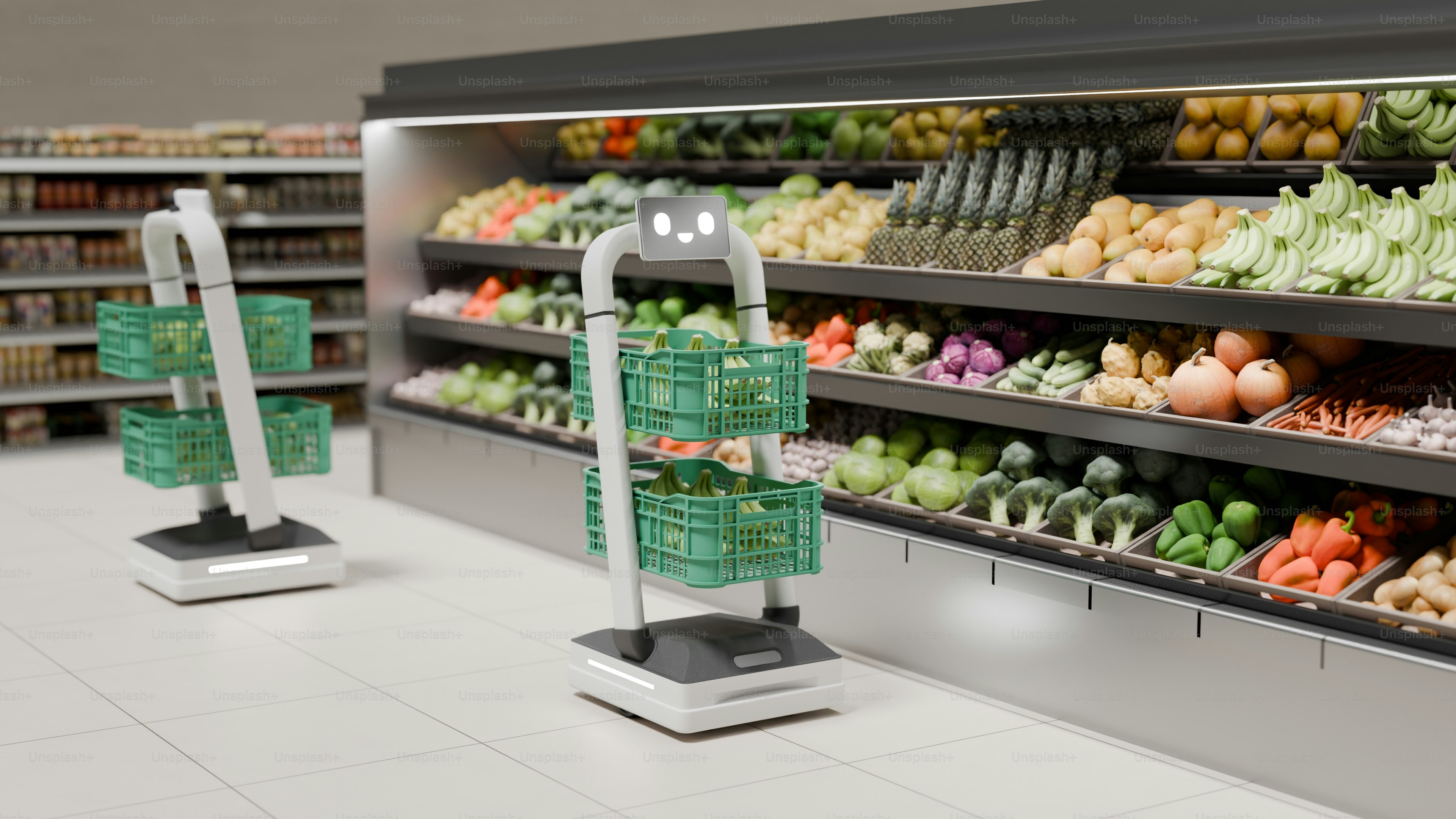 食料品店の通路にバスケットを持ったロボット