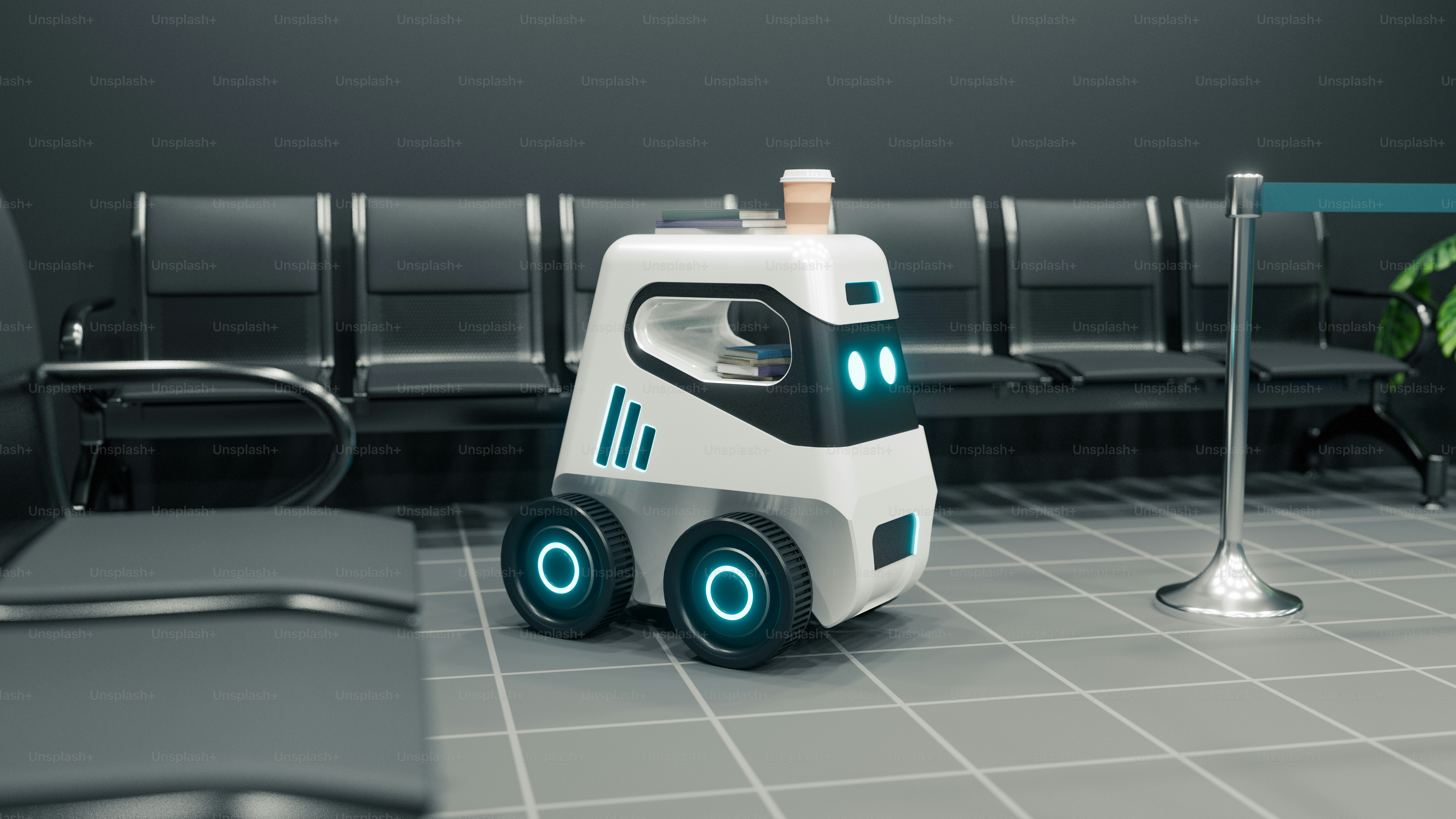 Um pequeno robô de entrega com rodas azuis brilhantes espera.