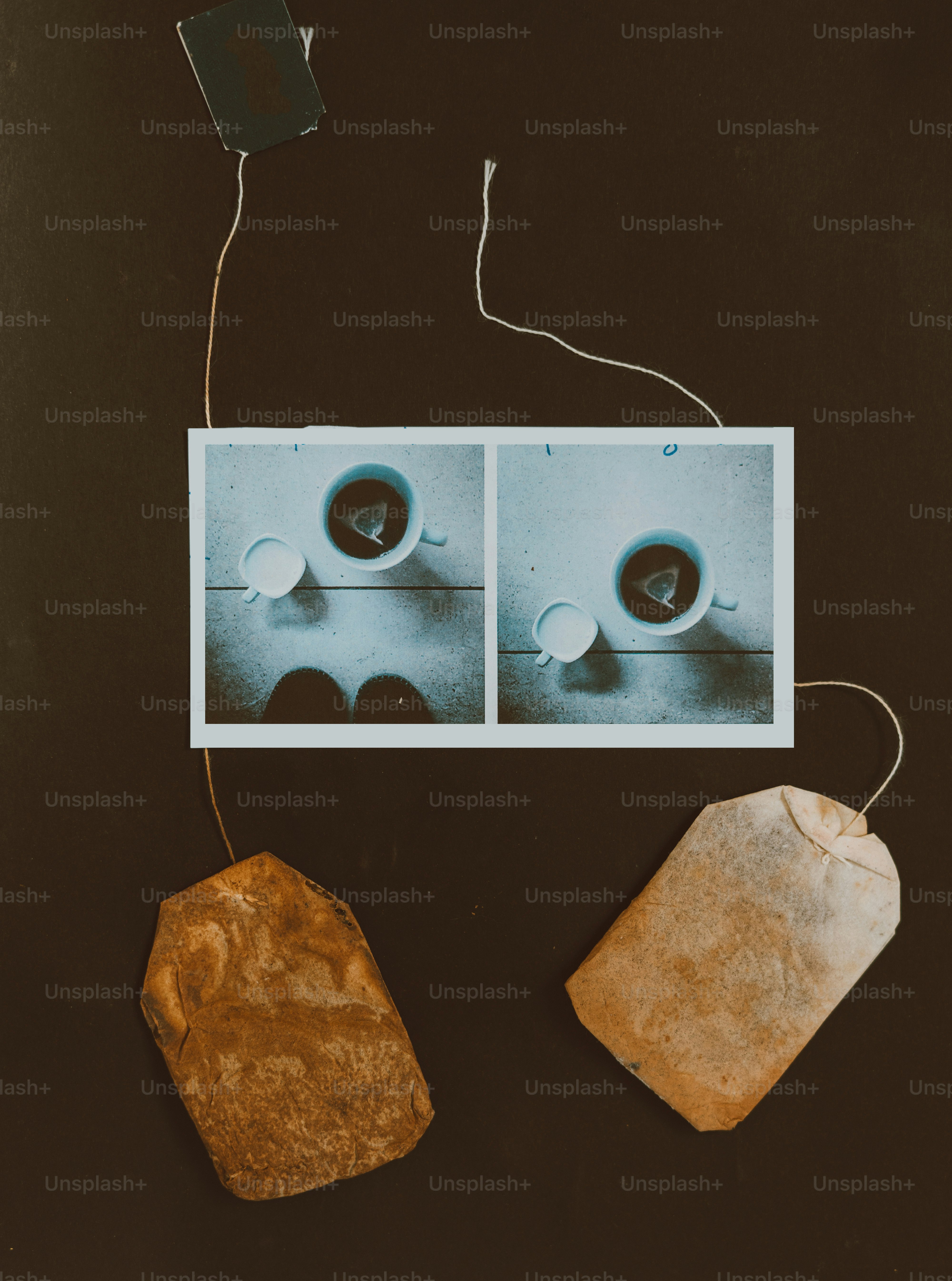 Dos bolsitas de té y fotos polaroid de té