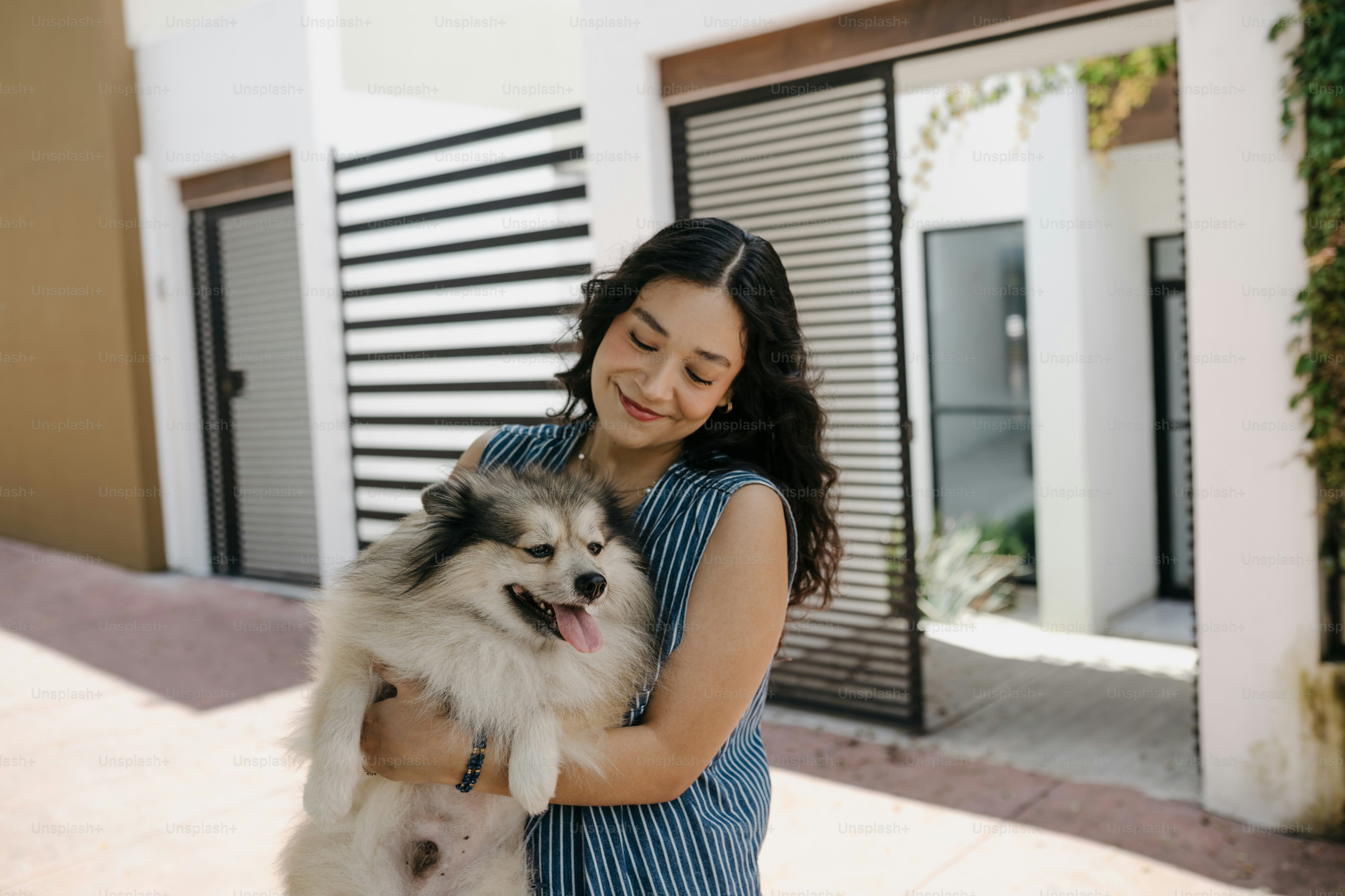 Mujer joven sosteniendo un perro esponjoso al aire libre foto – Imagen ...