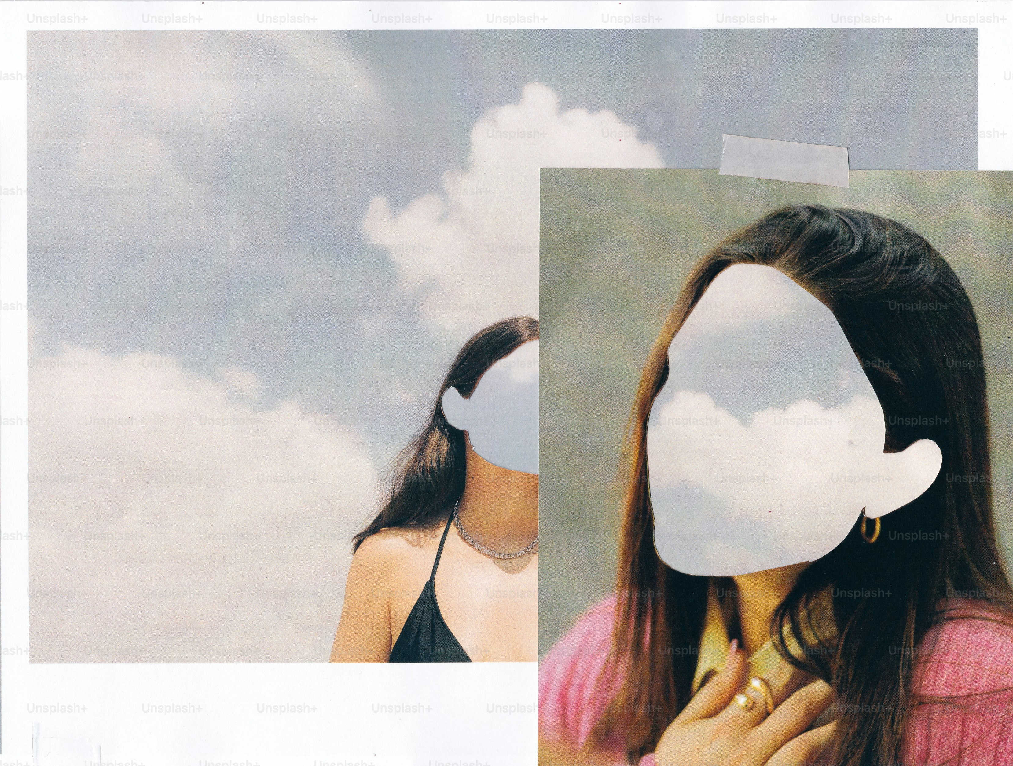 Volto di donna oscurato da nuvole in collage