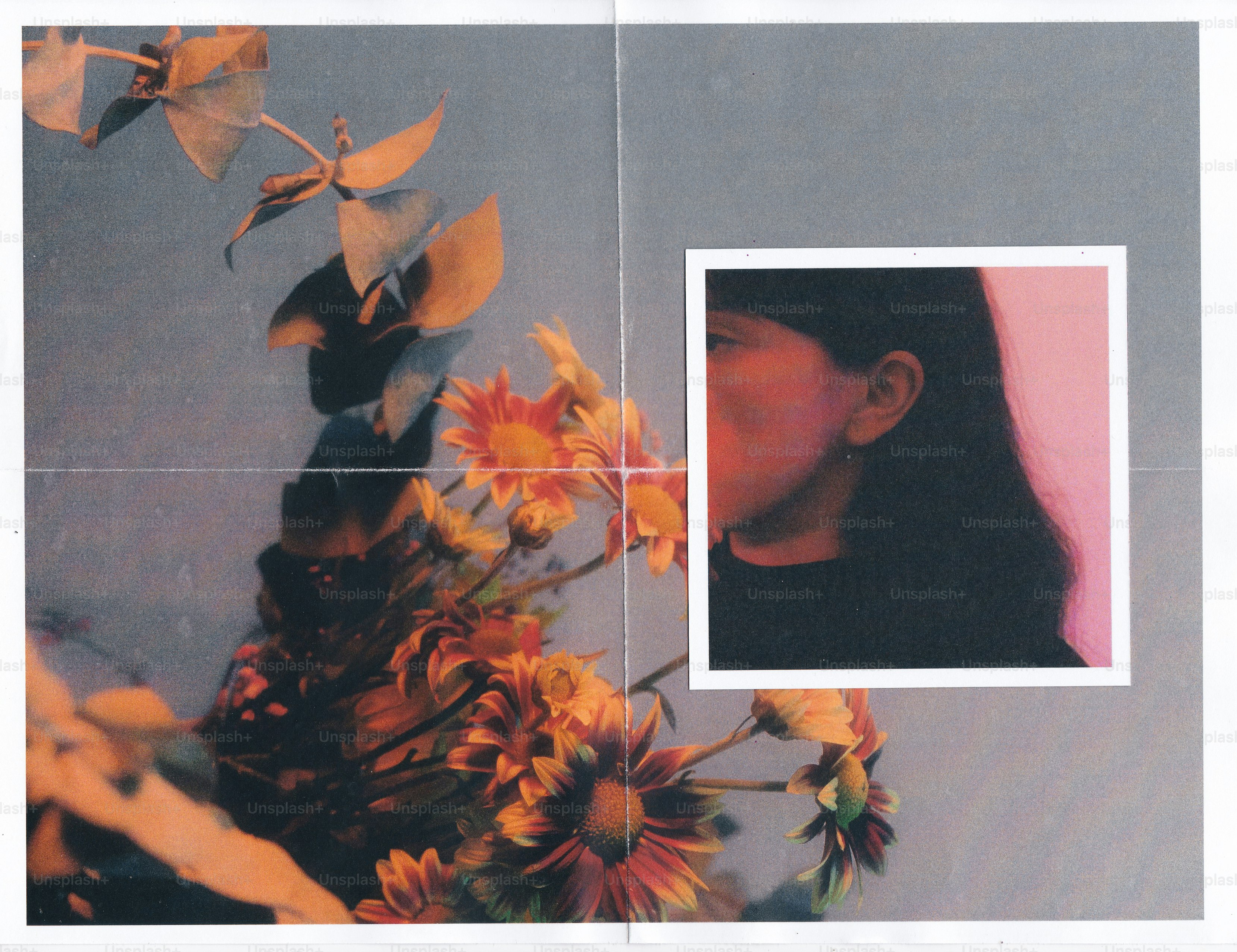 Woman's profile next to vibrant autumn flowers.