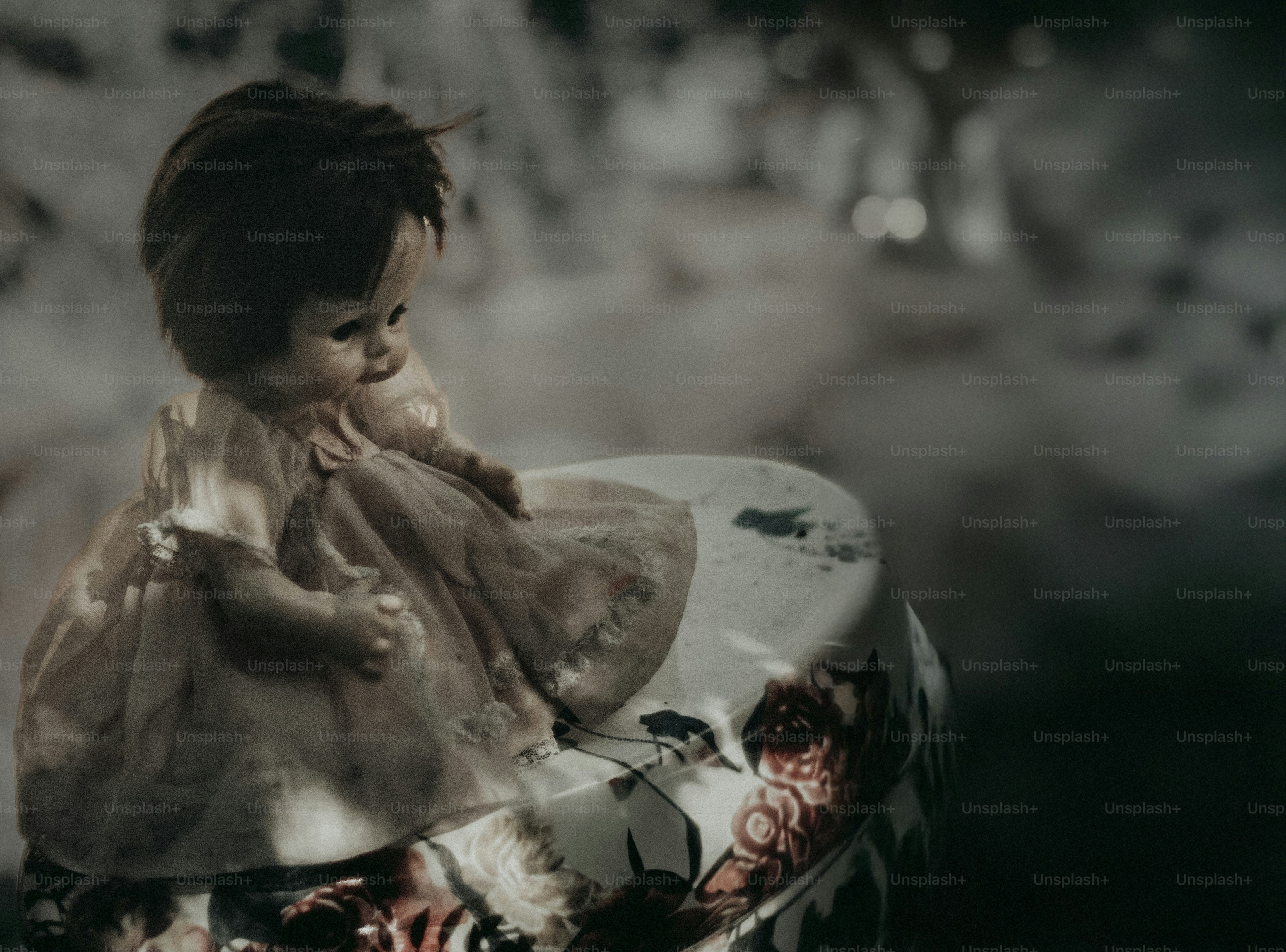 An antique doll sits on a dusty surface.