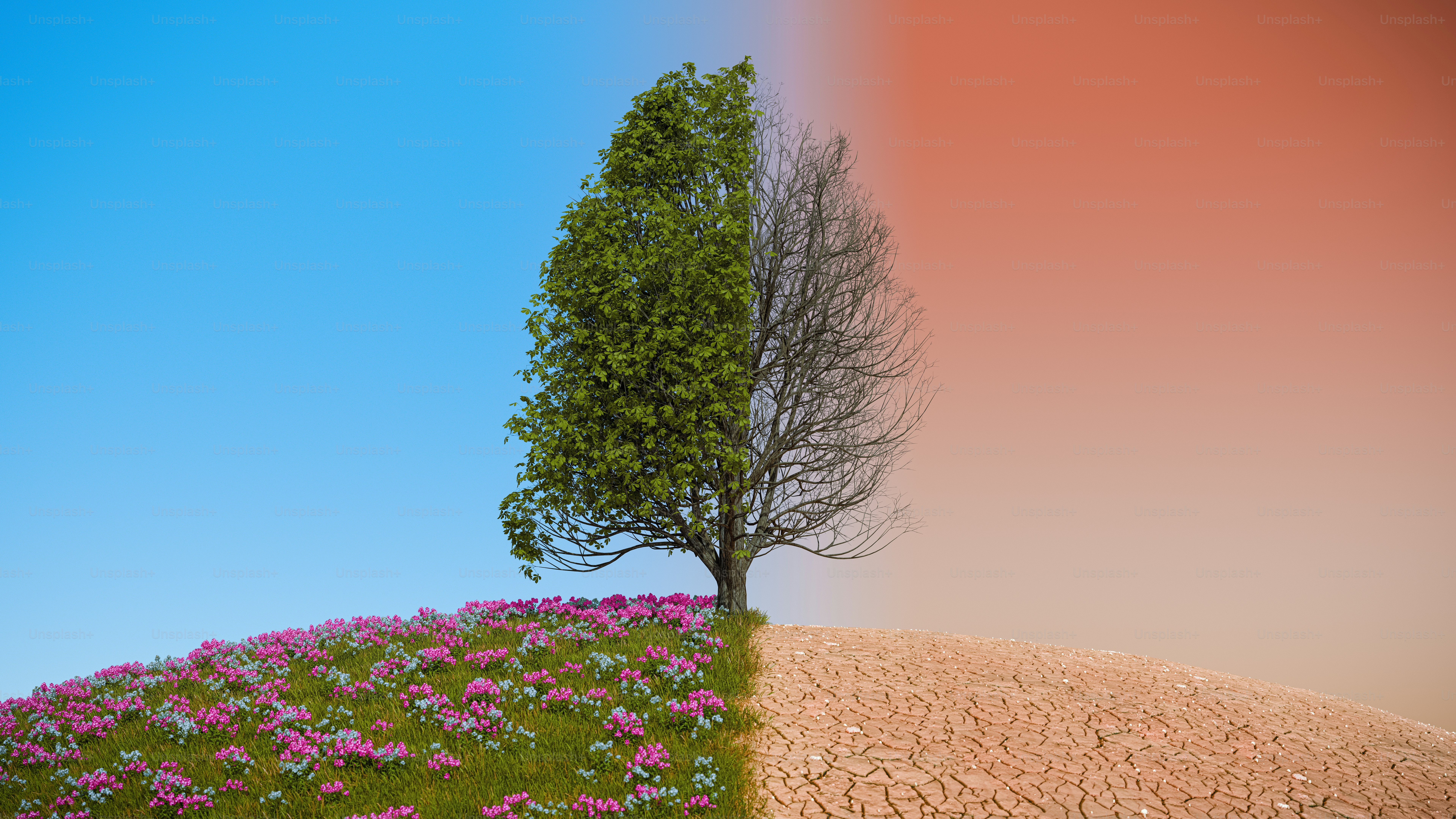 Tree split between seasons with flowers and dry grass