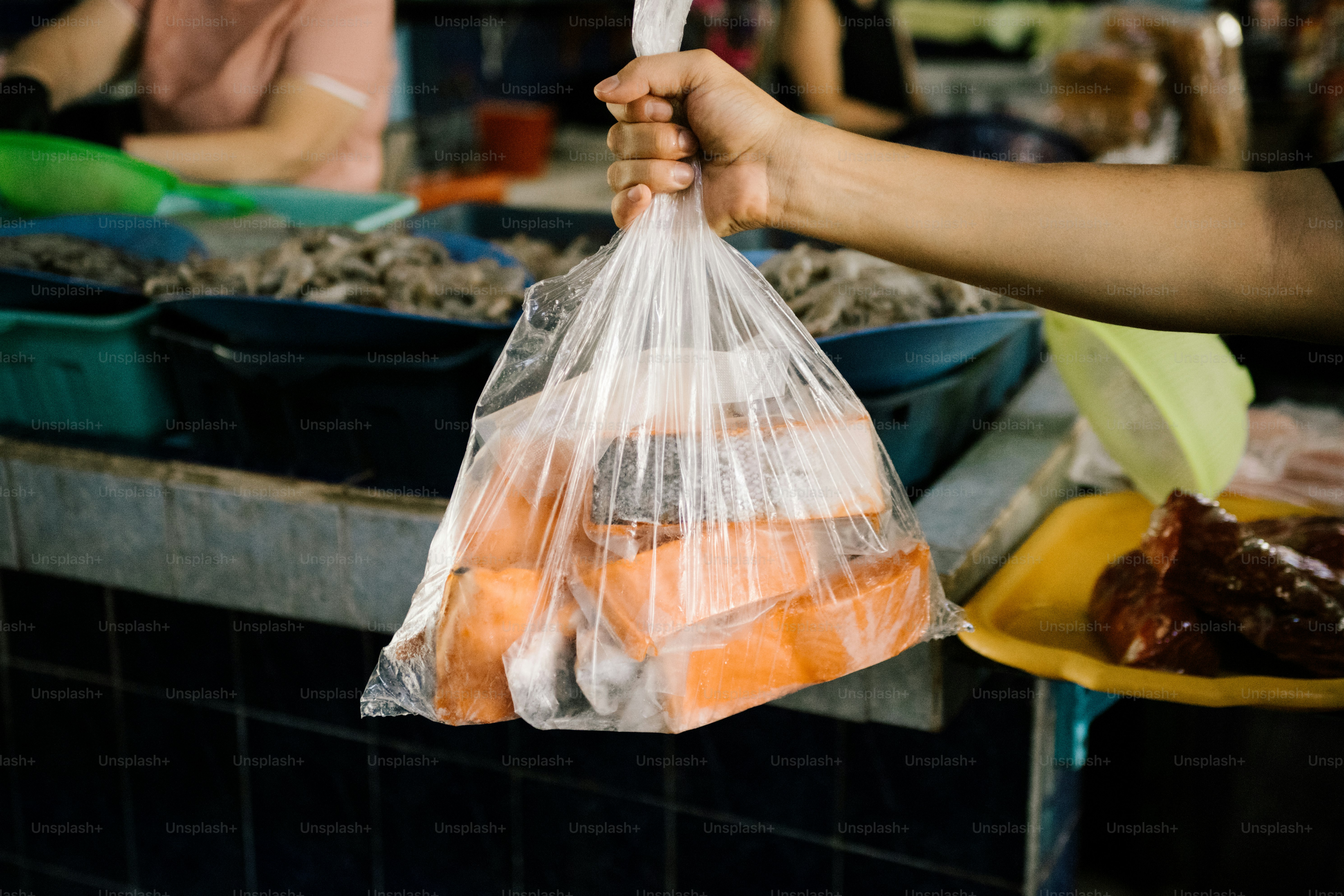 Hand holding a plastic bag of fresh fish