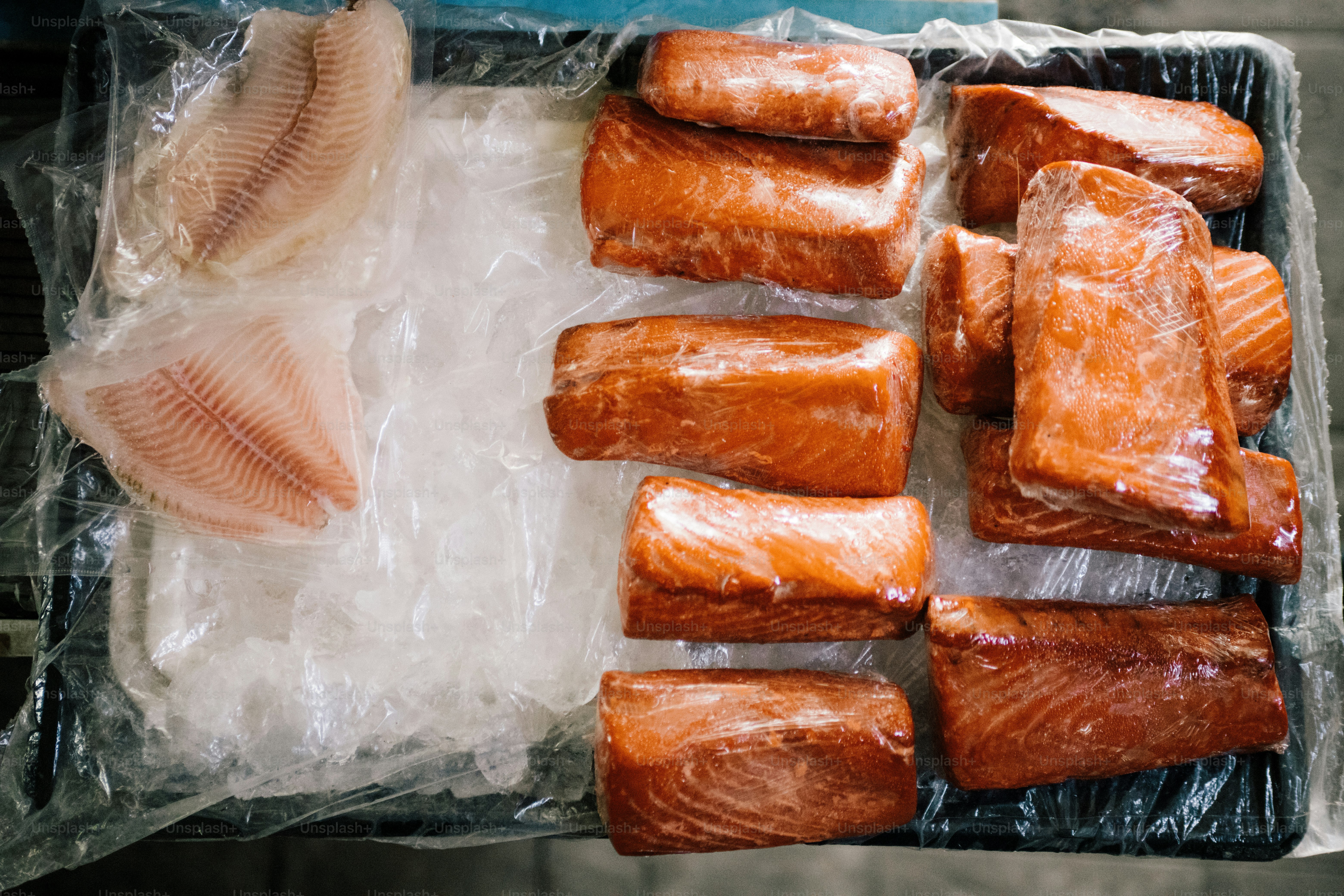 Fresh salmon fillets and white fish on ice