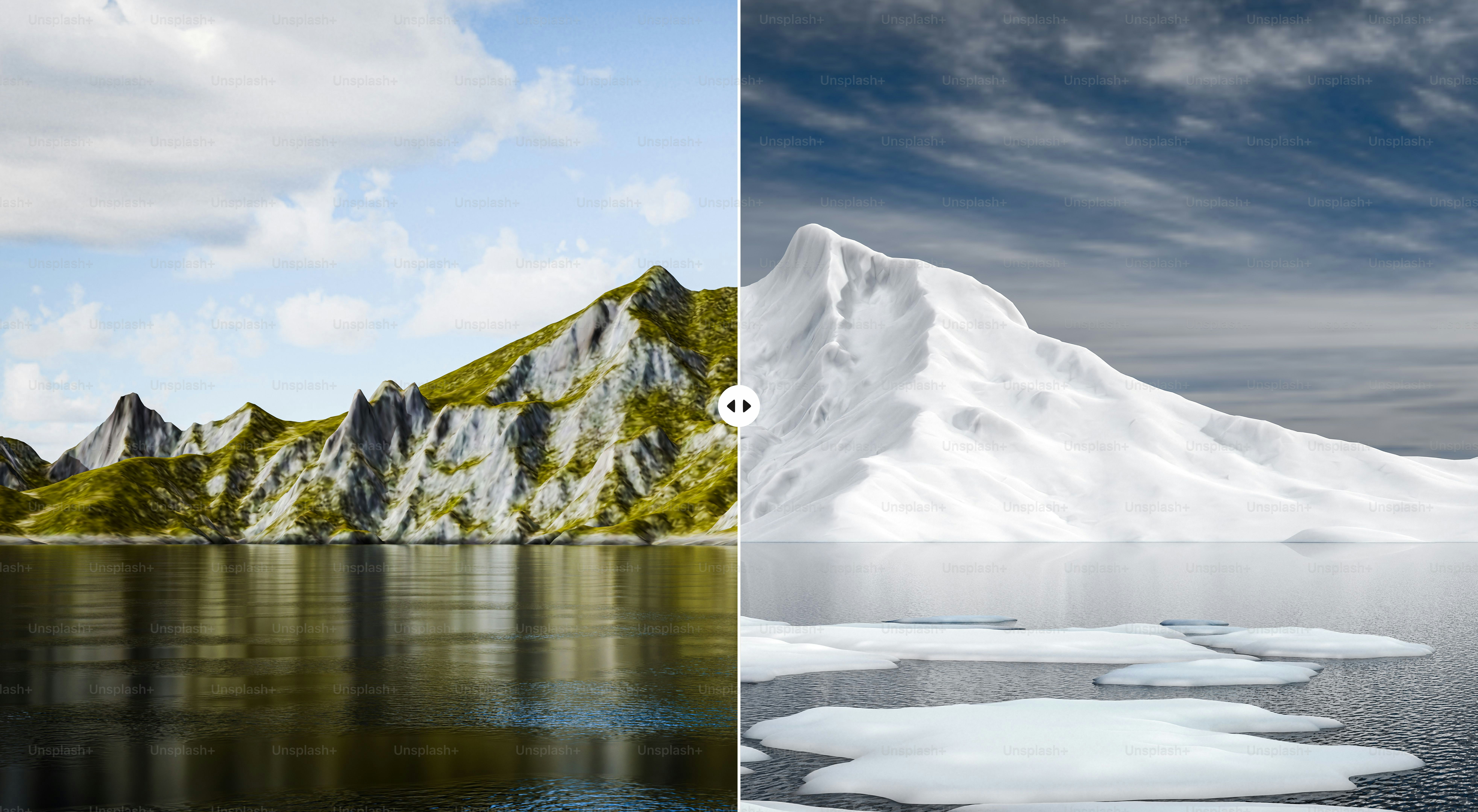 Diptych of a rocky mountain and an iceberg