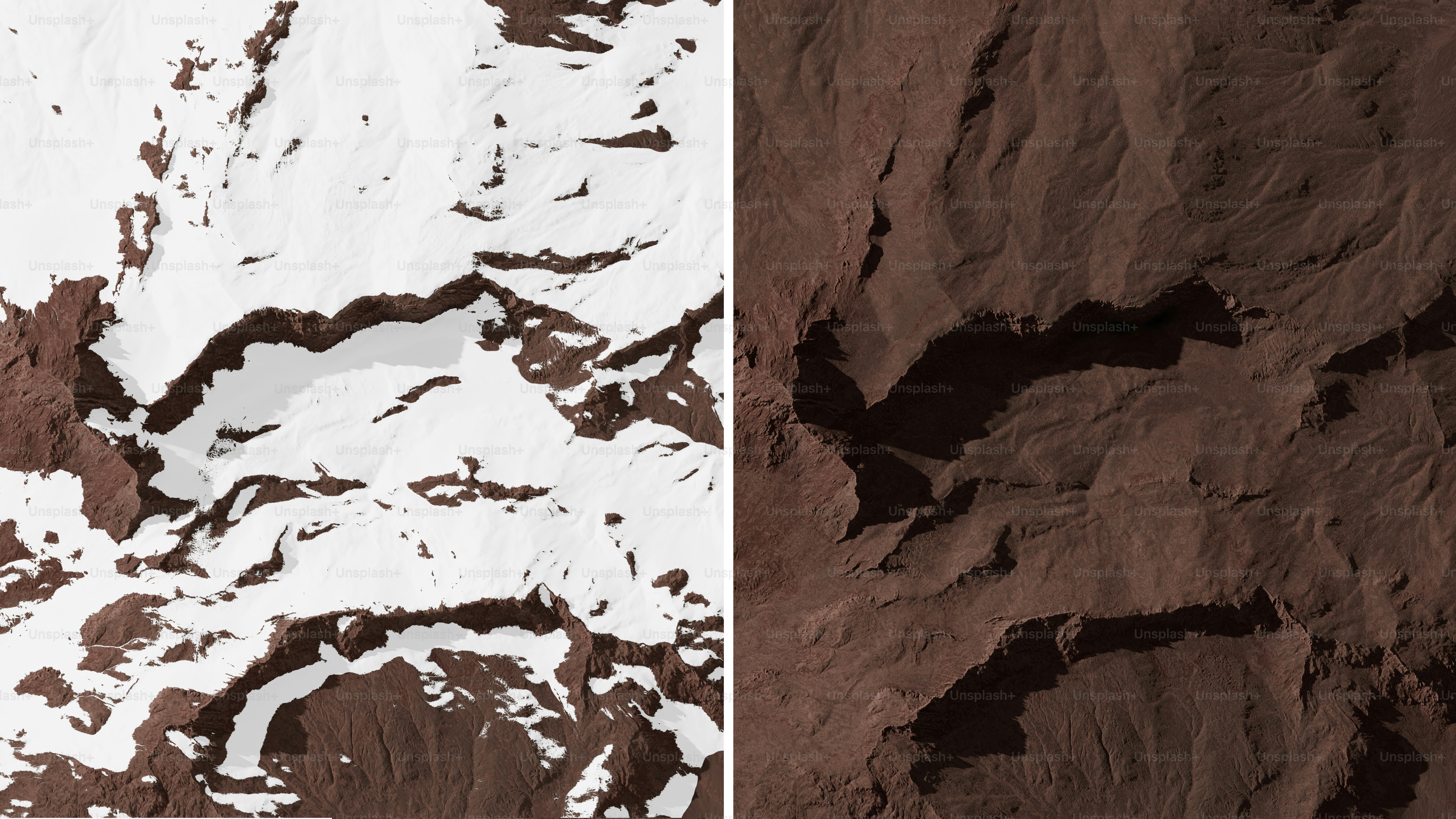 Two martian landscapes, one with snow, one without