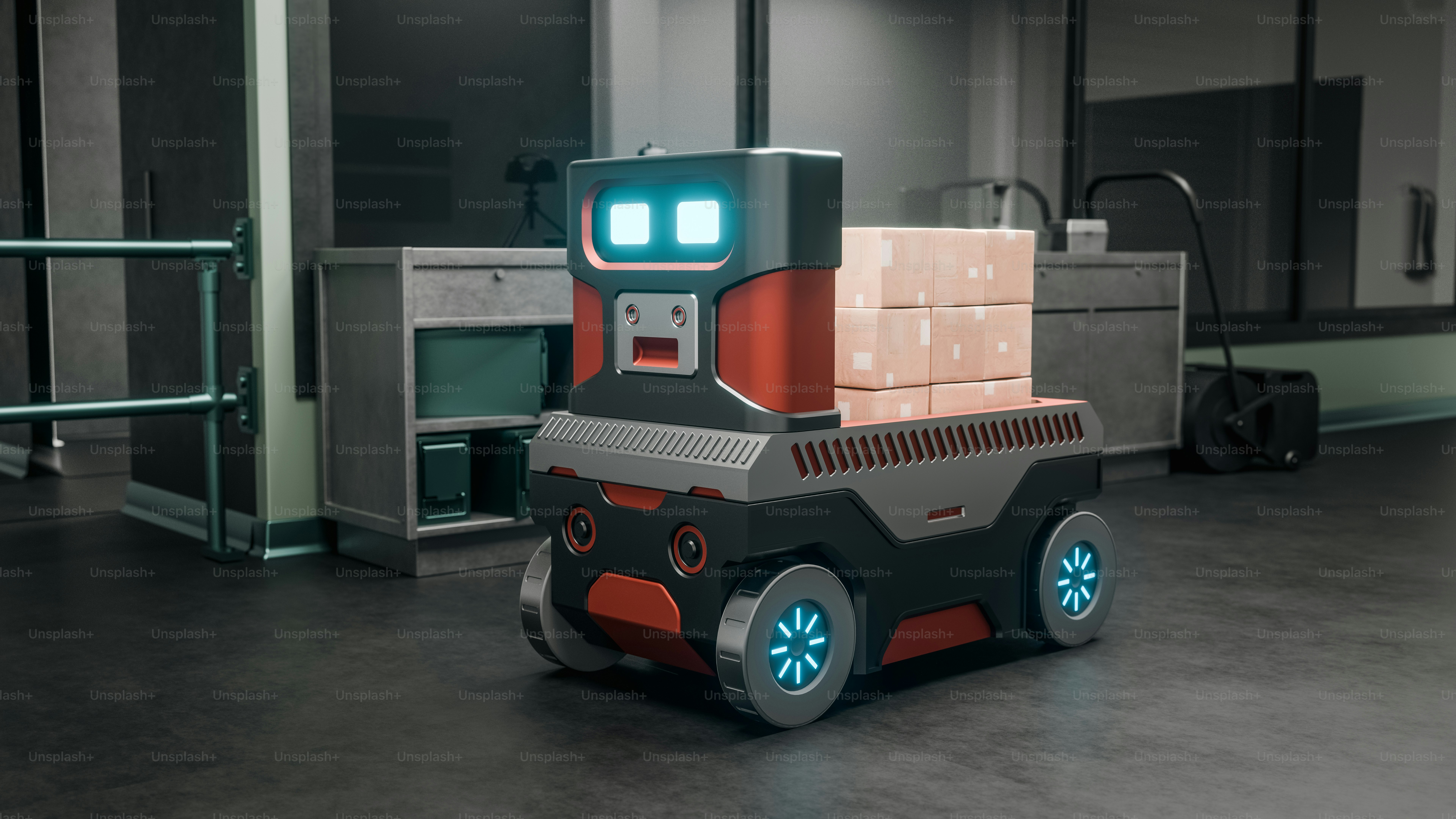 Autonomous delivery robot carrying boxes in a warehouse.