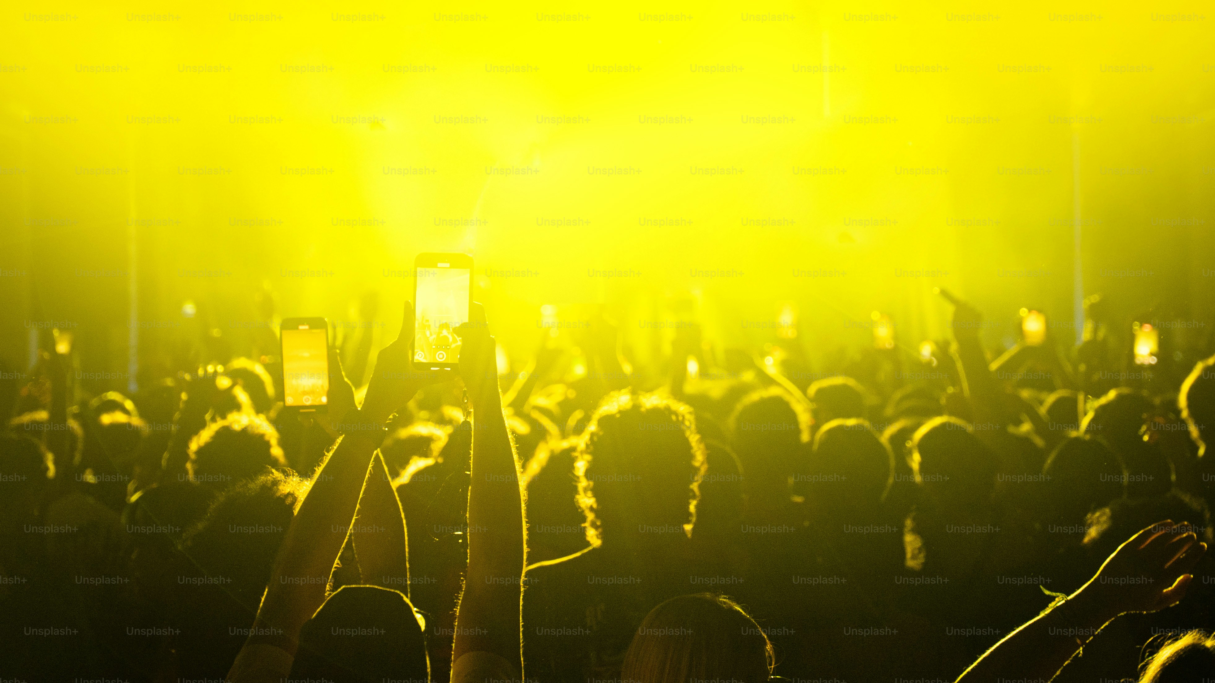 Fans at a concert with glowing neon lights and digital screens