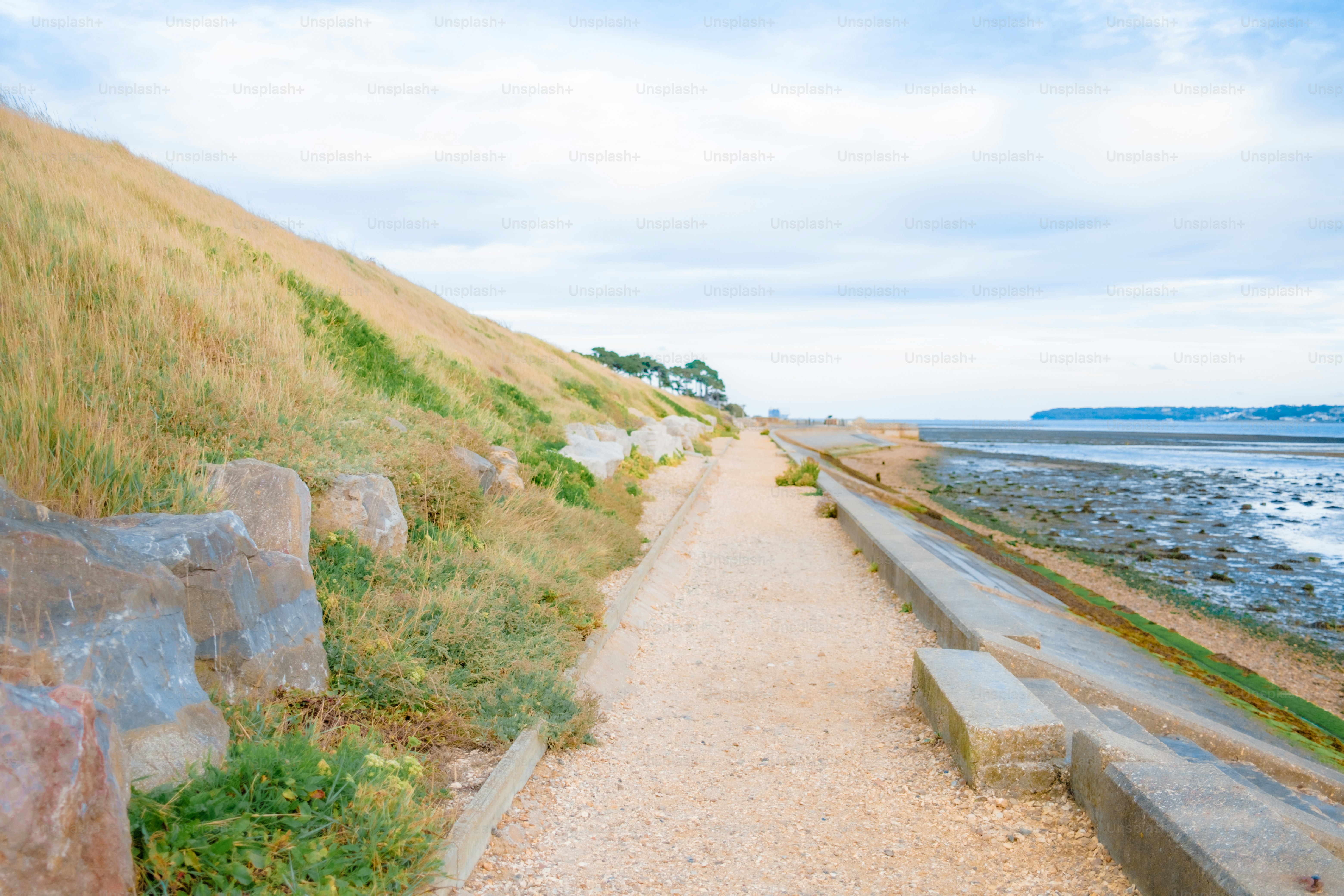 Coastal path with grassy hill and ocean view