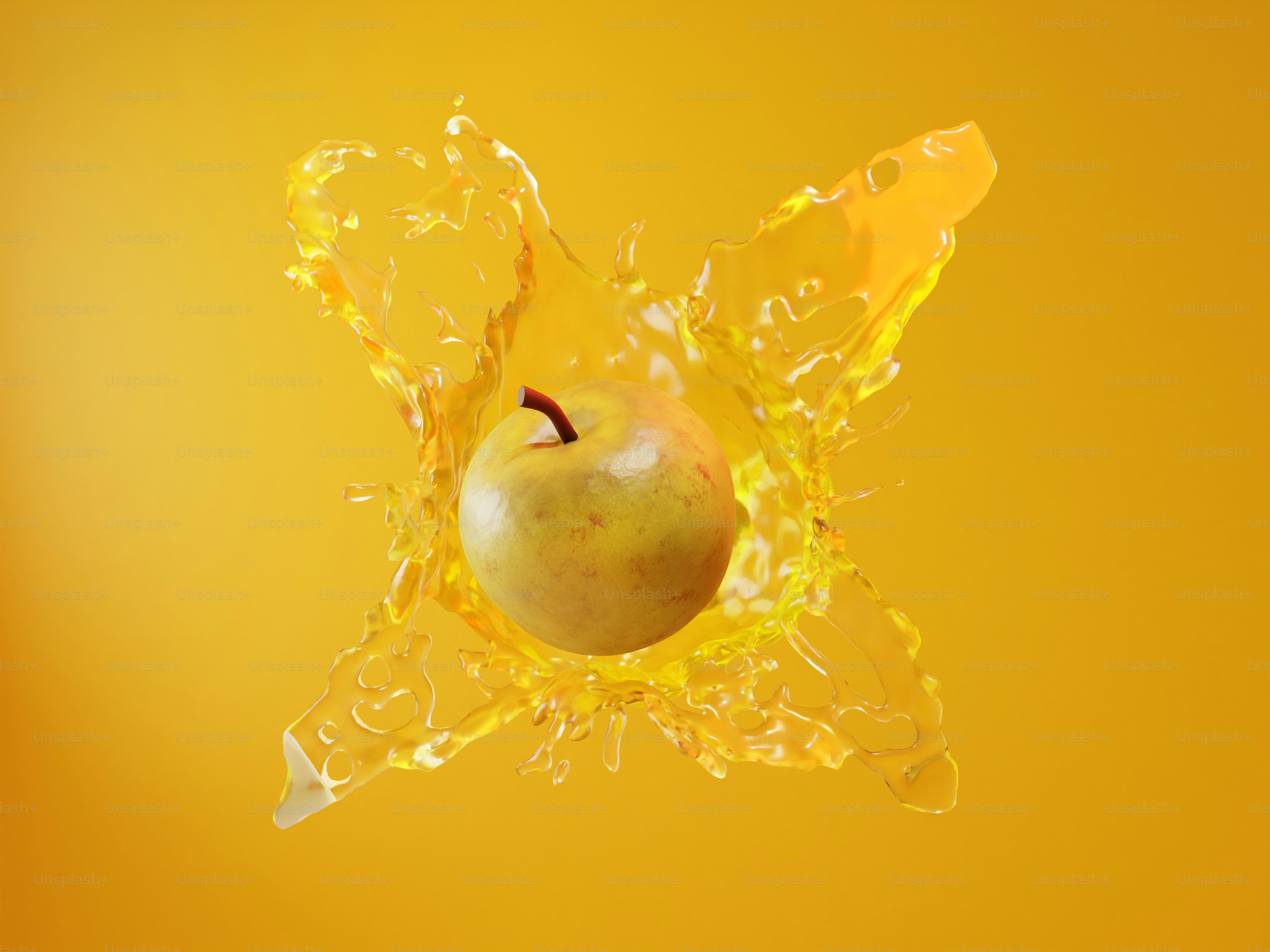 A yellow apple splashes into orange liquid.