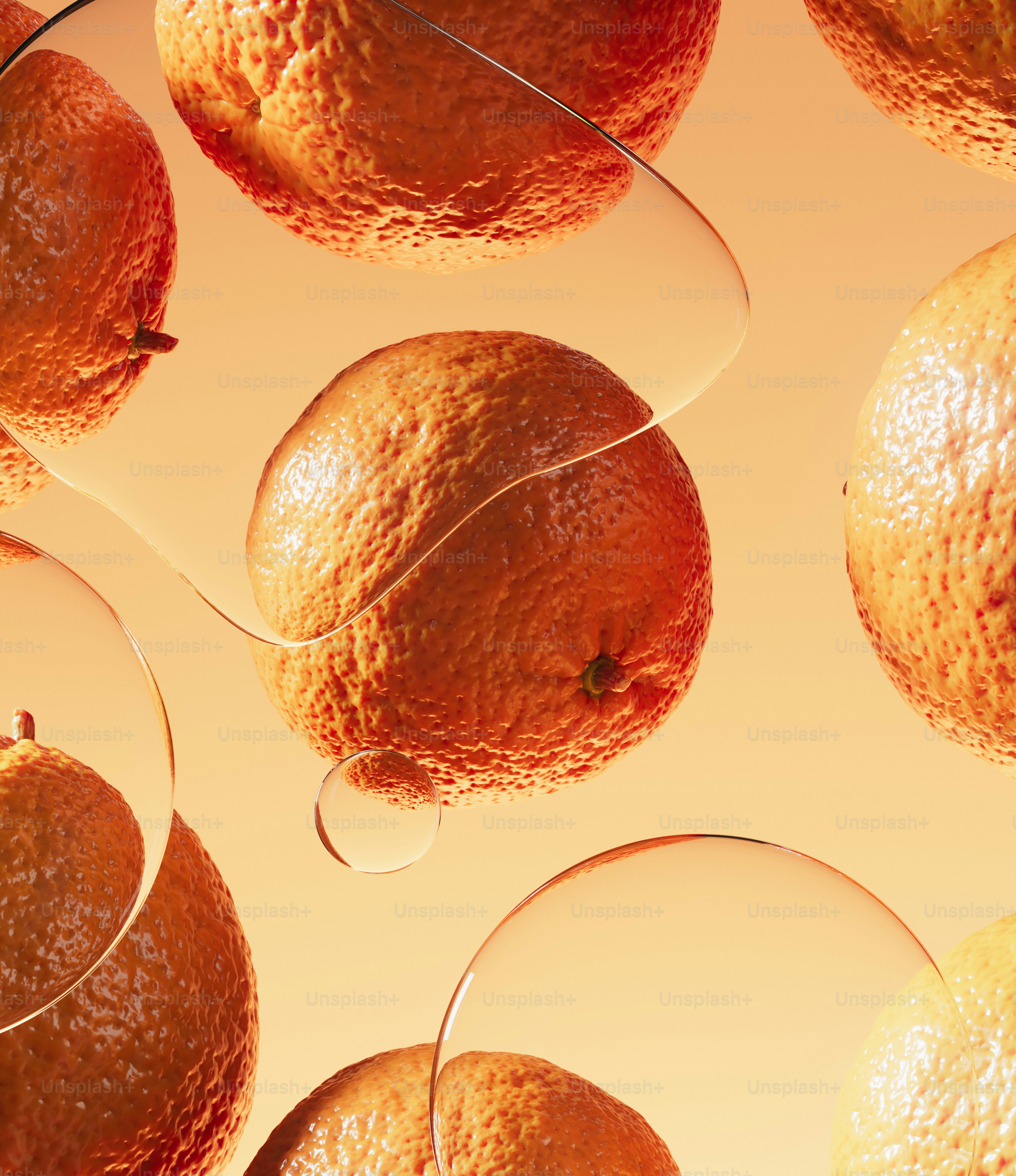 Naranjas con gotas de líquido transparente sobre fondo naranja