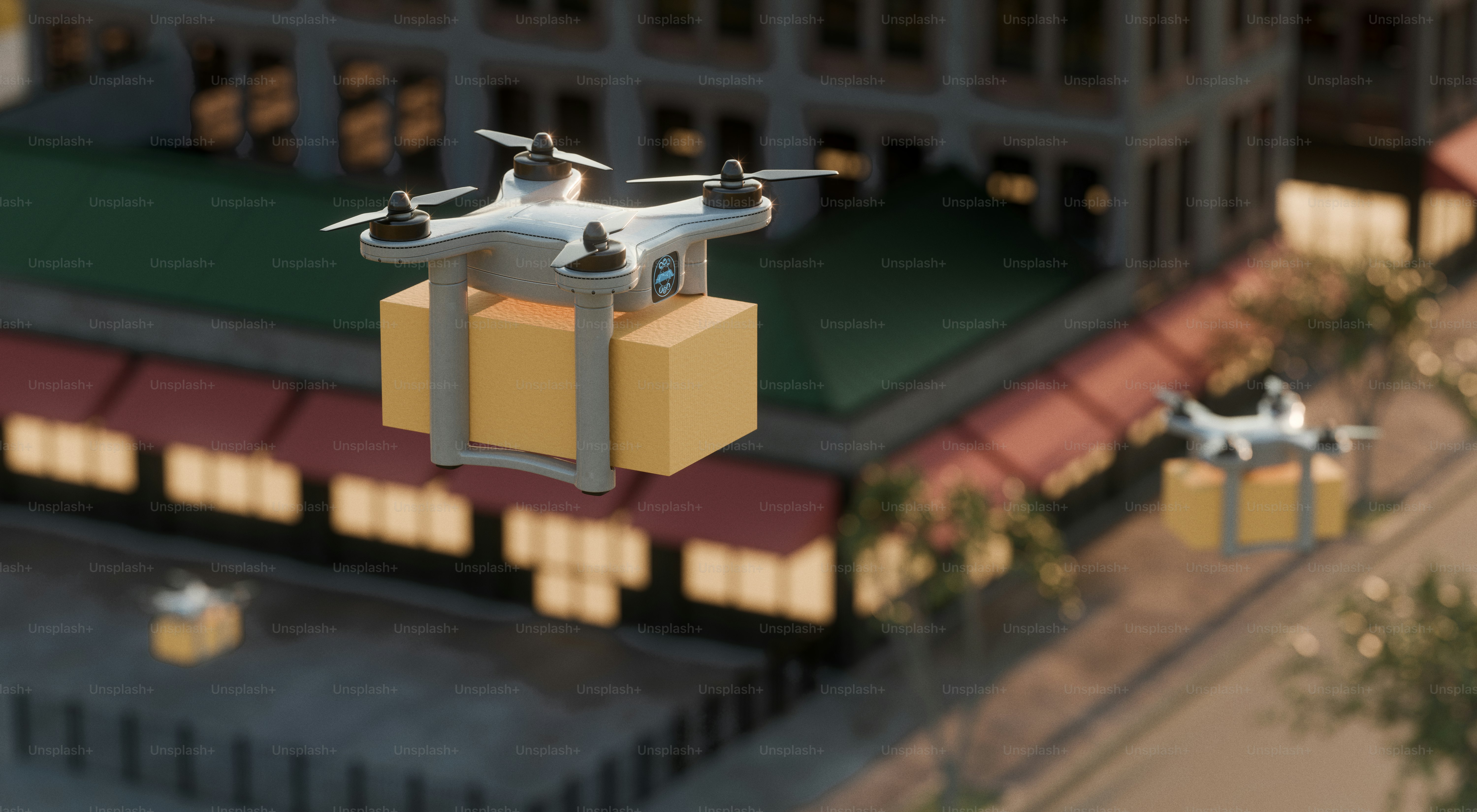 Drones deliver packages over a city street.