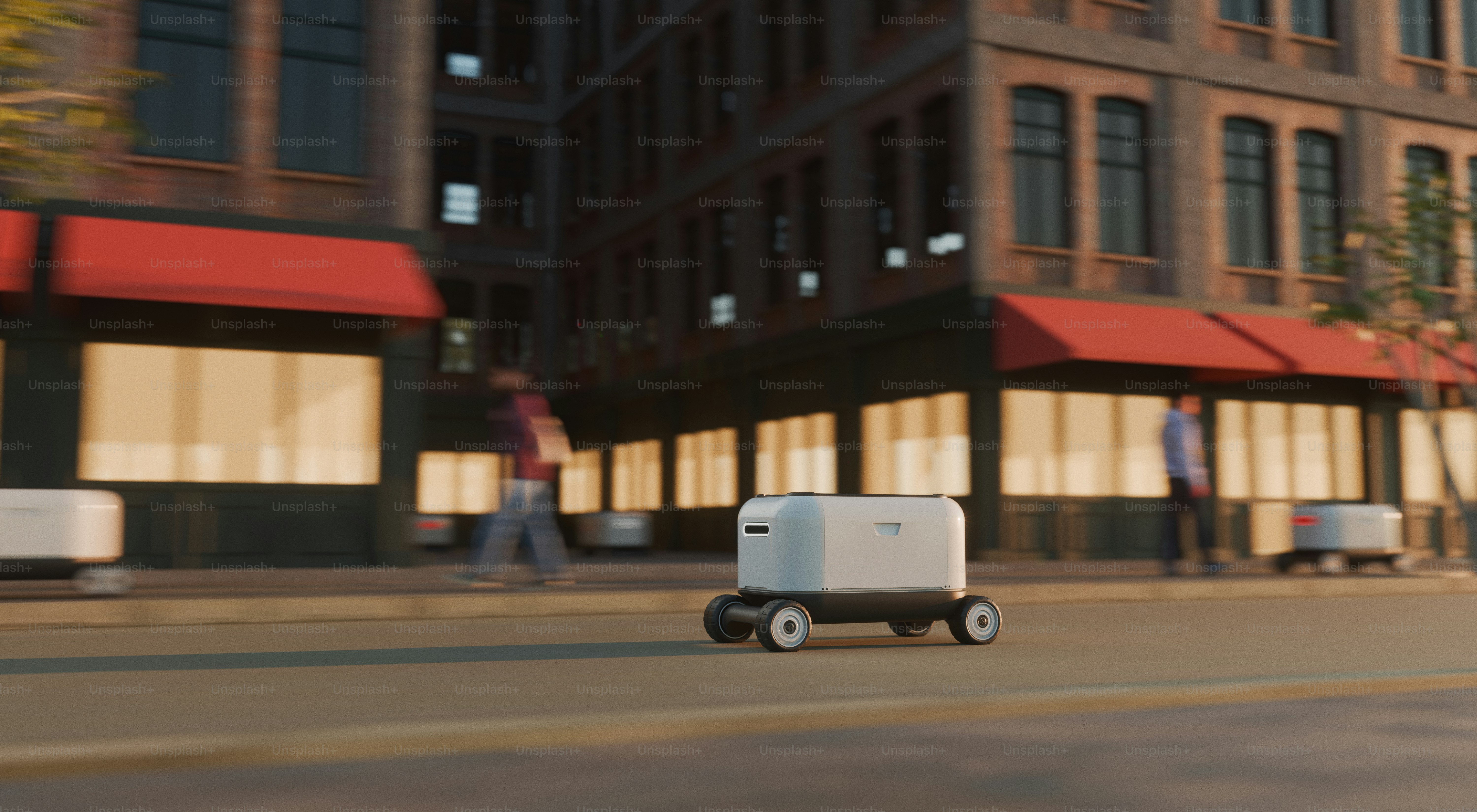 Autonomous delivery robot moving on a city street.