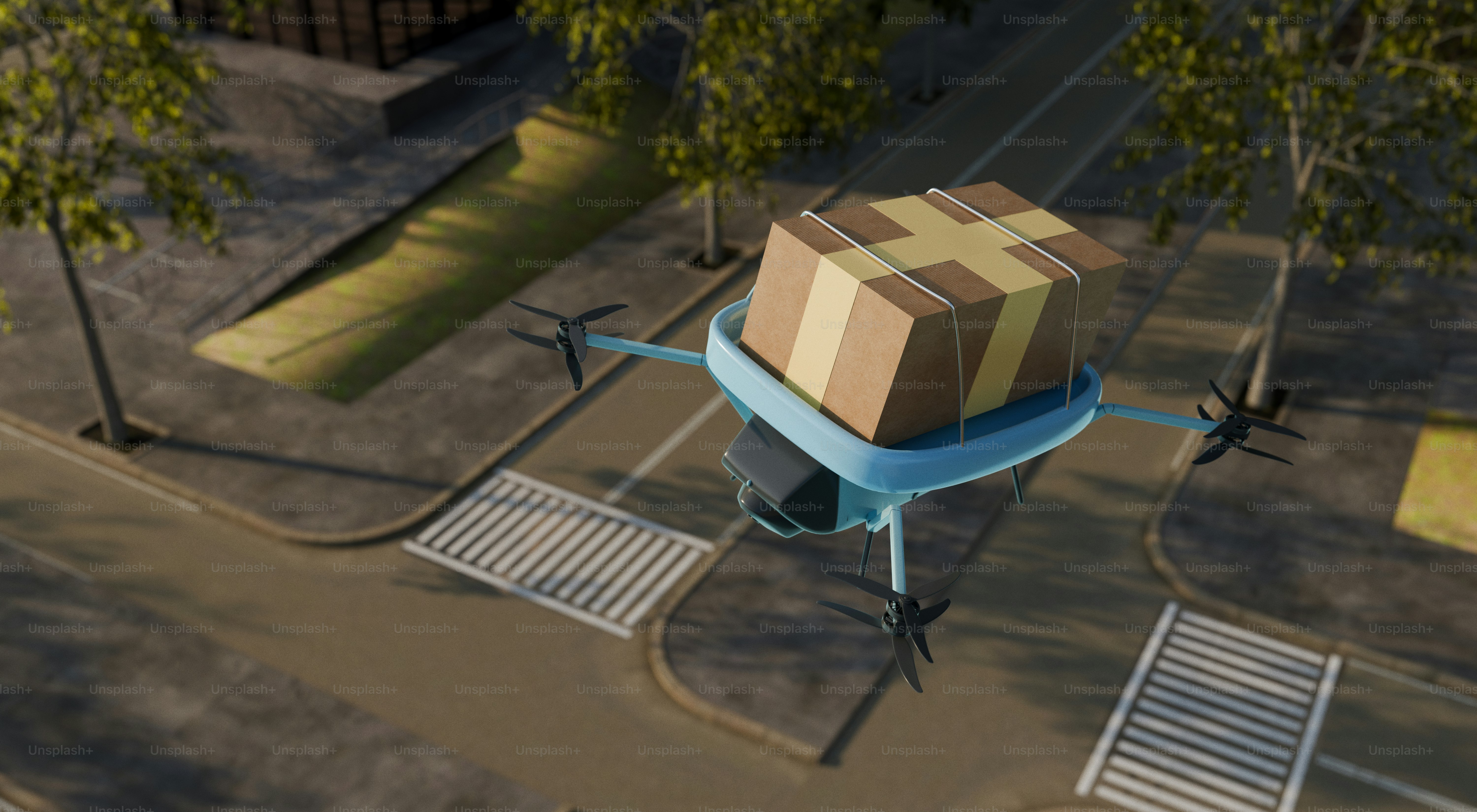 Delivery drone carrying a package over a street.