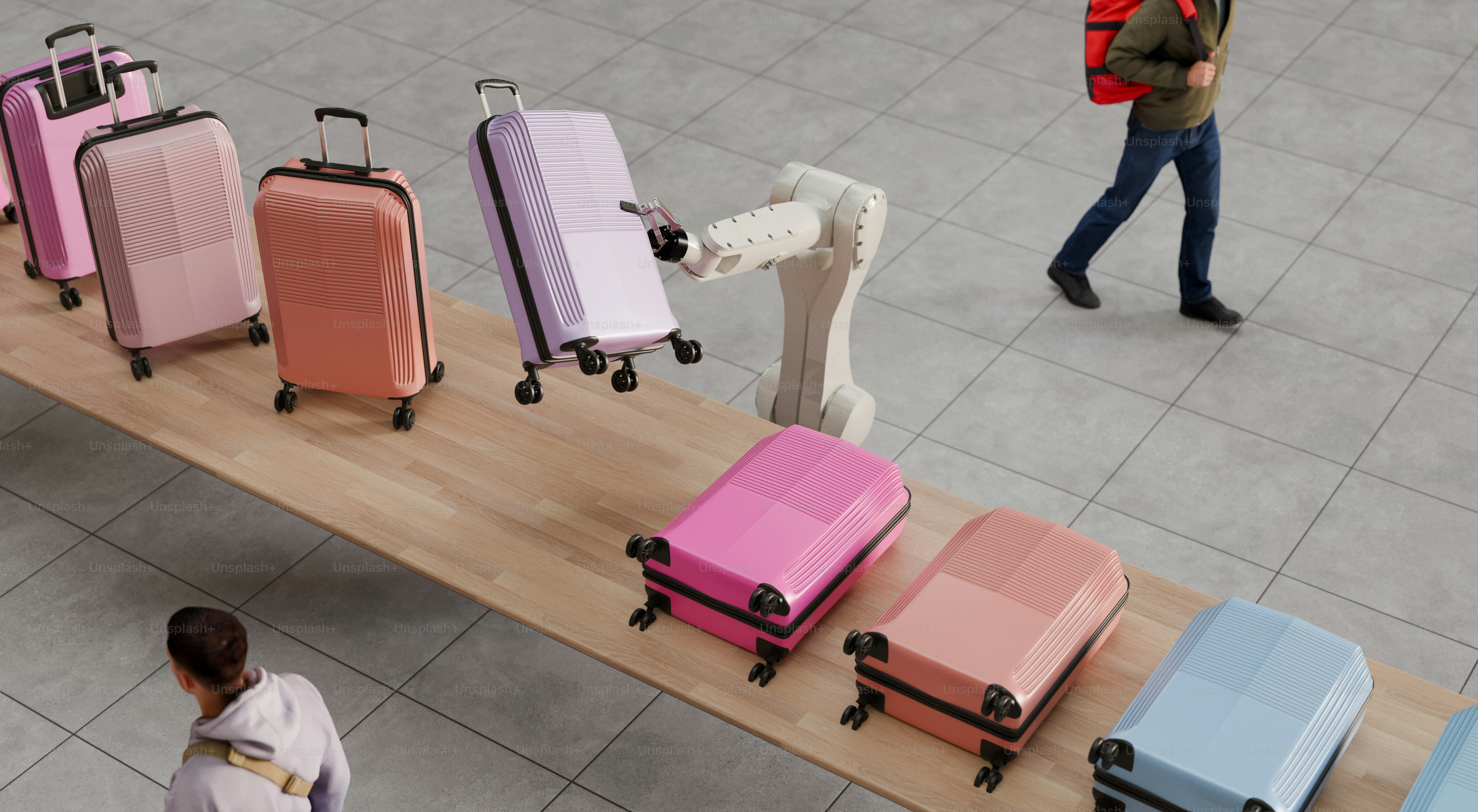 Robot arm moves colorful luggage on conveyor belt