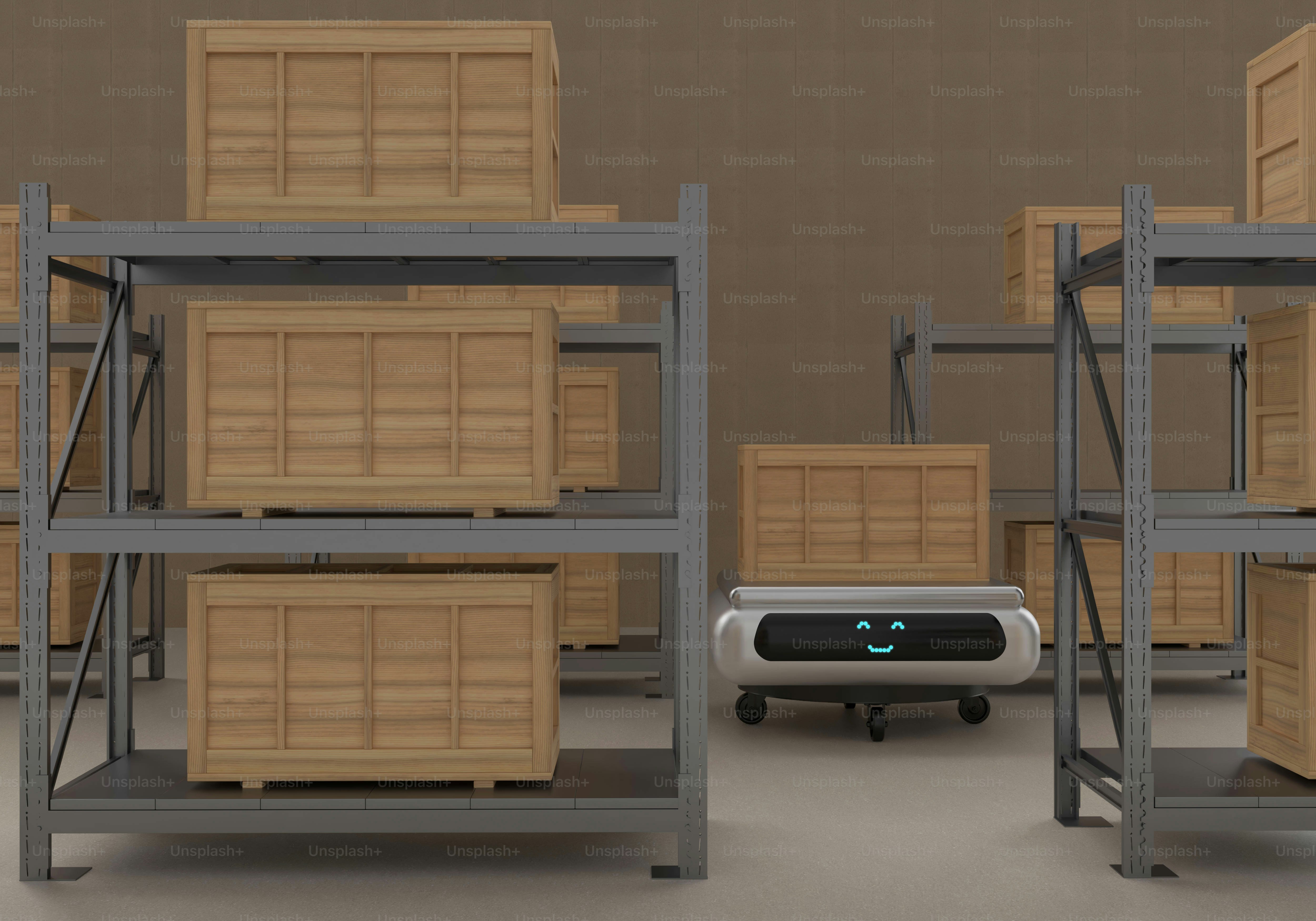 Robot moving crates in a warehouse storage facility. photo – Robot ...