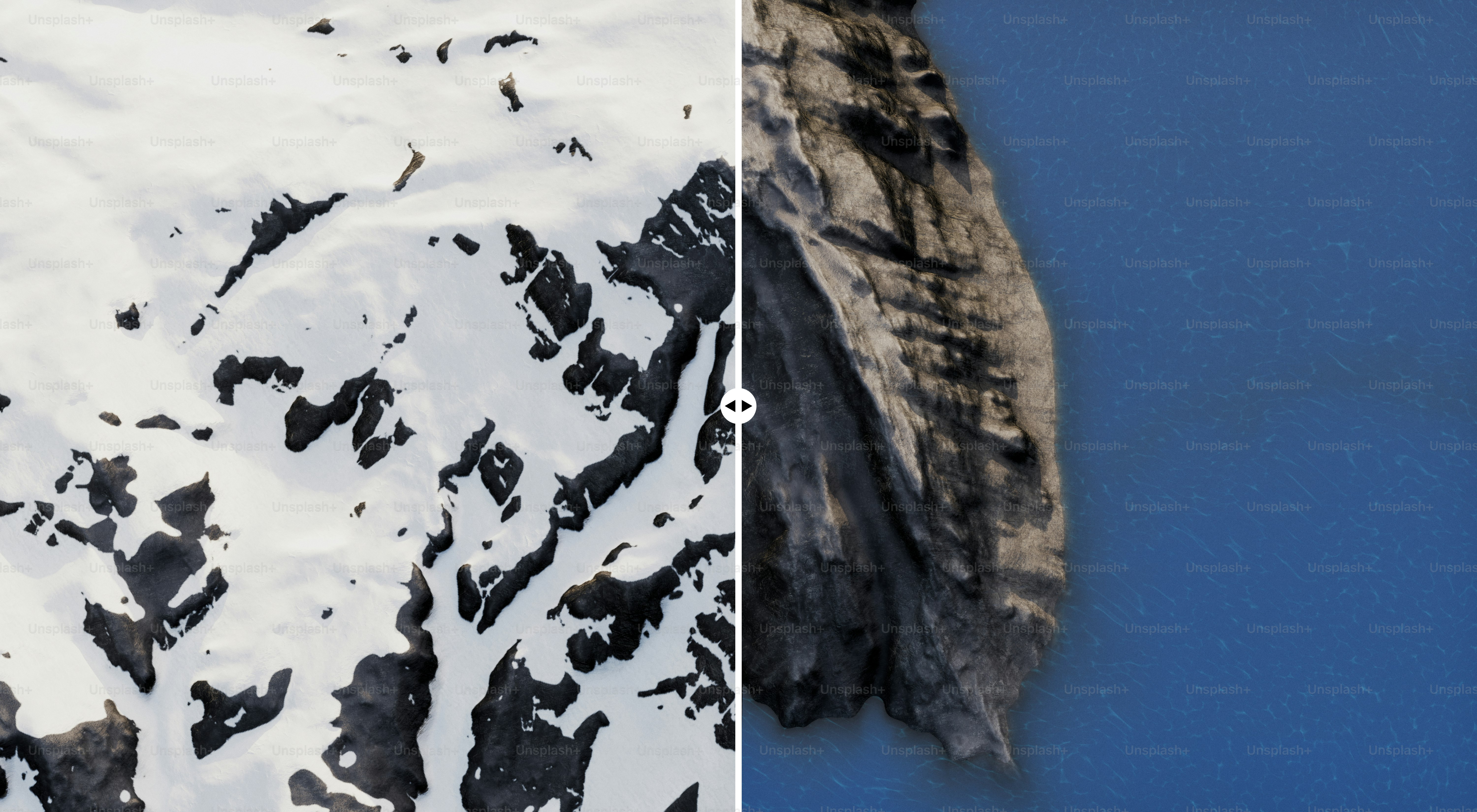 Picos nevados junto a un océano azul profundo