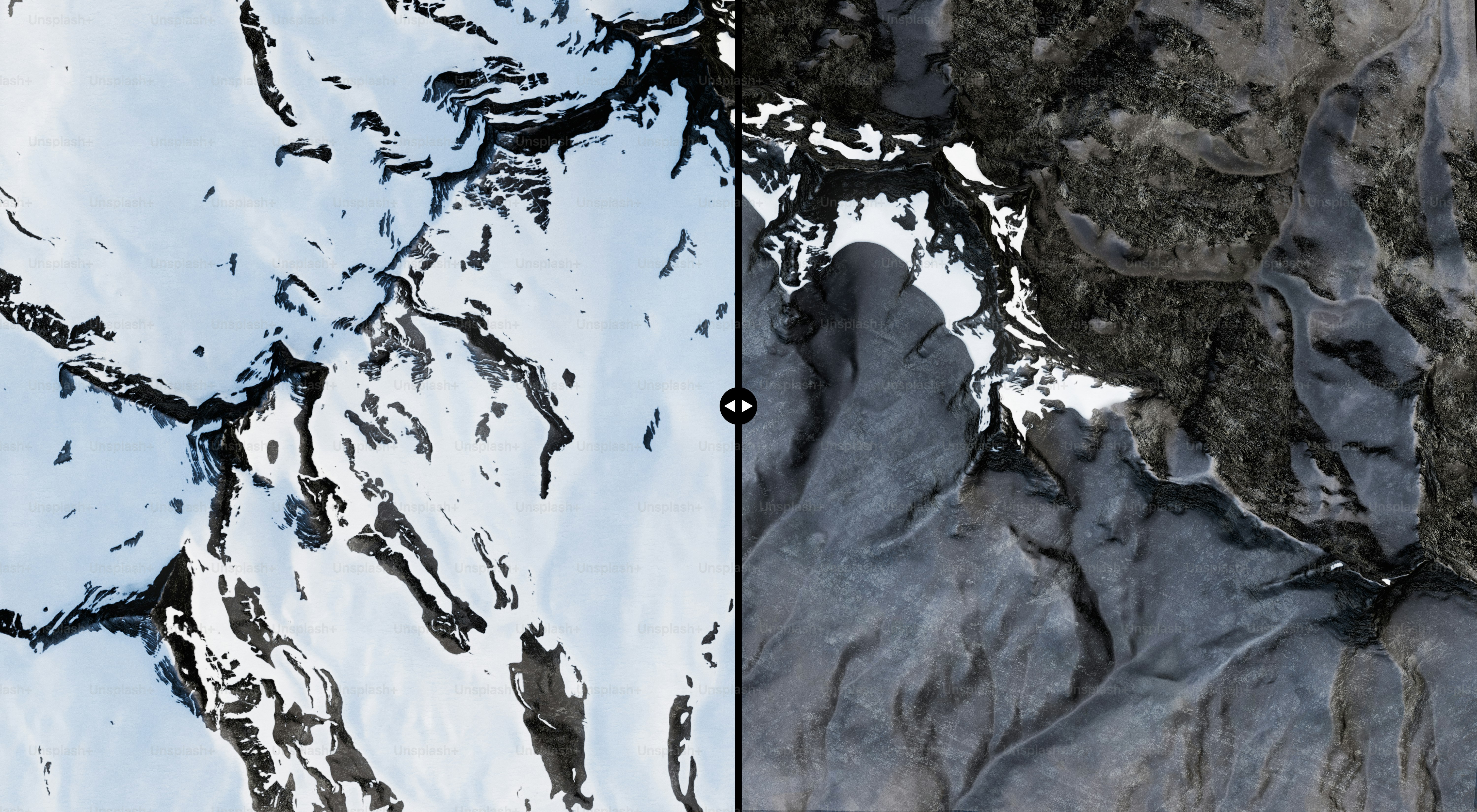 Vista dividida de la nieve derritiéndose en tierra fangosa