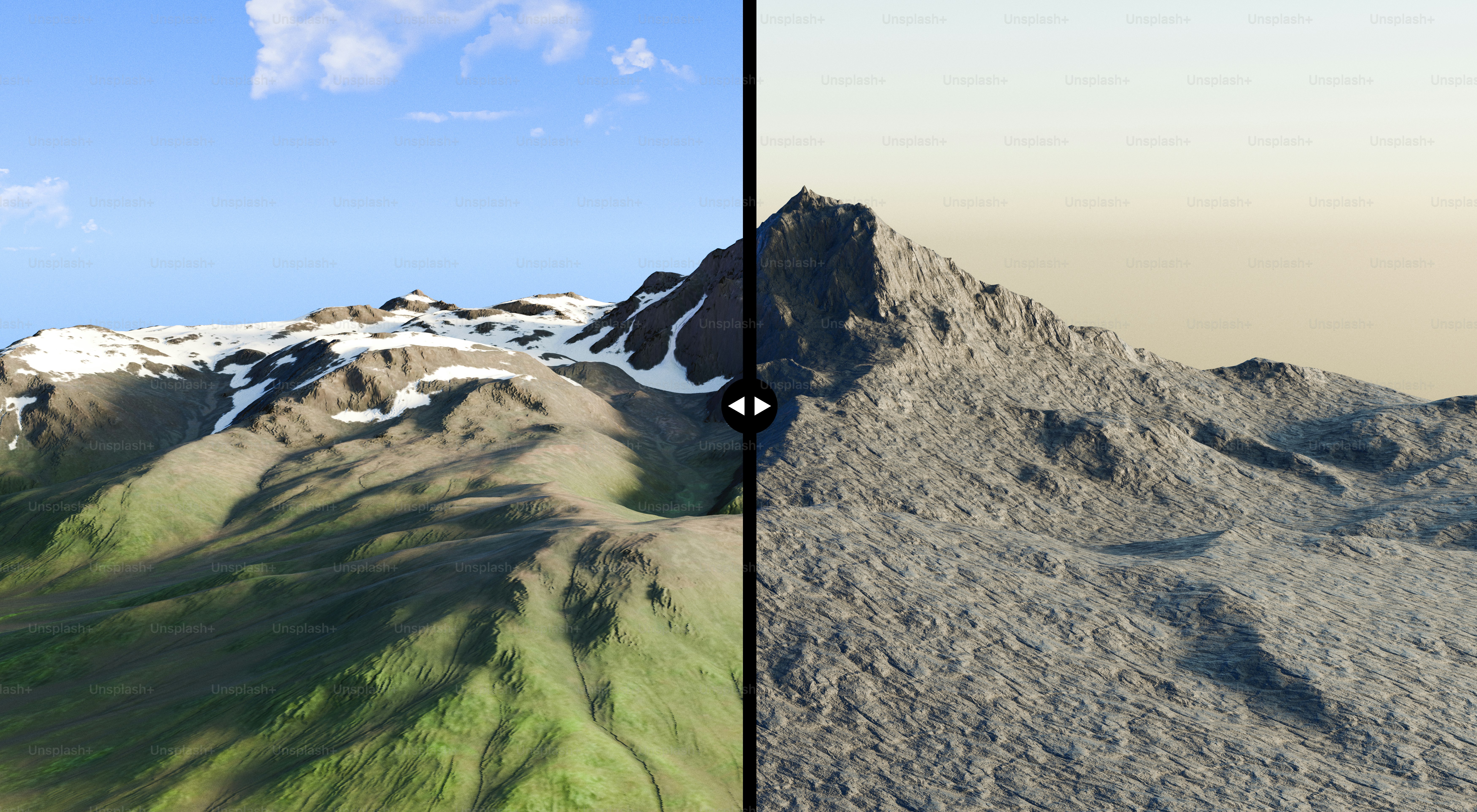 Vista dividida de una montaña verde y una montaña rocosa estéril.