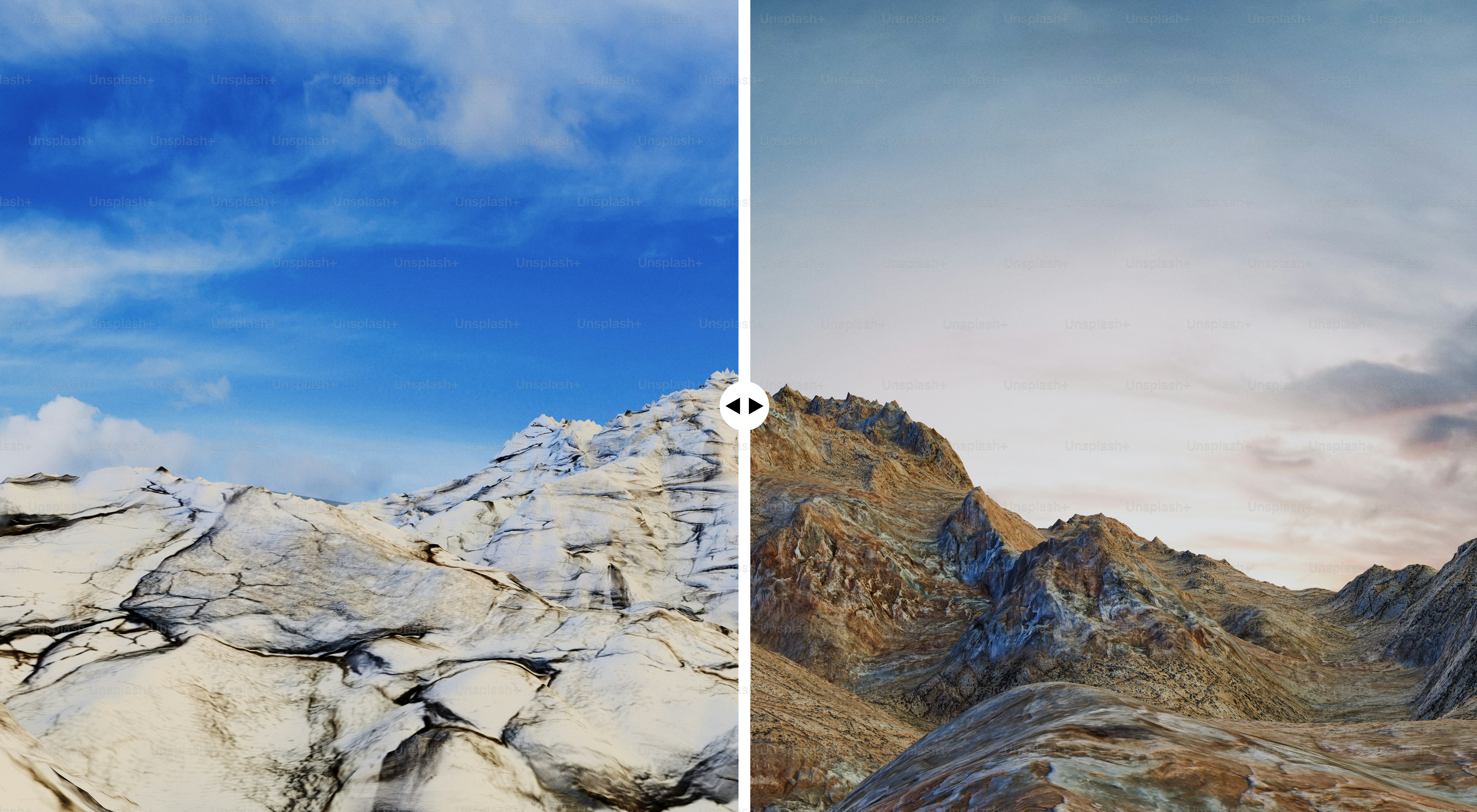 Vista dividida de paisajes montañosos rocosos bajo el cielo
