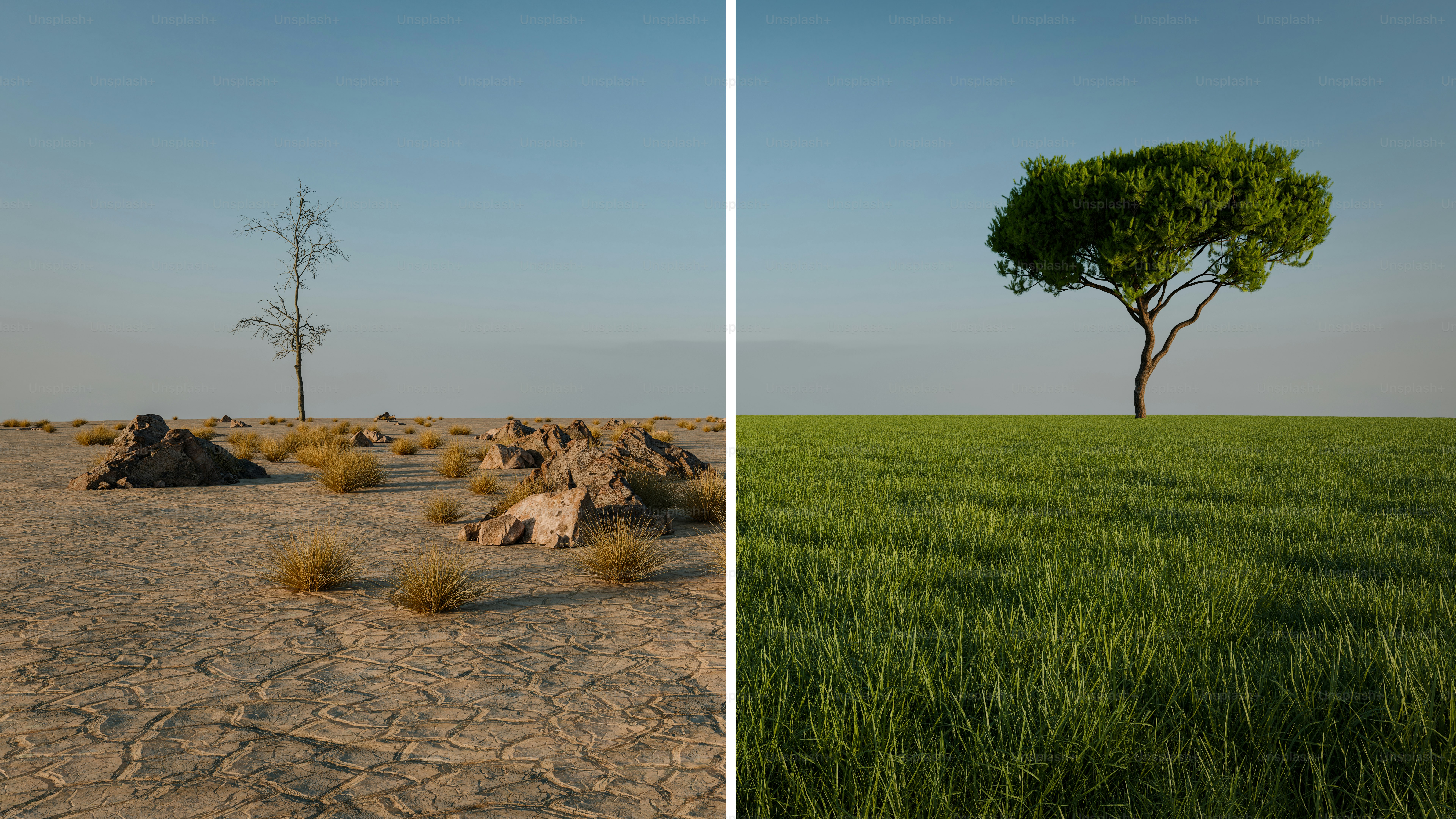 Drought-stricken landscape versus lush green field