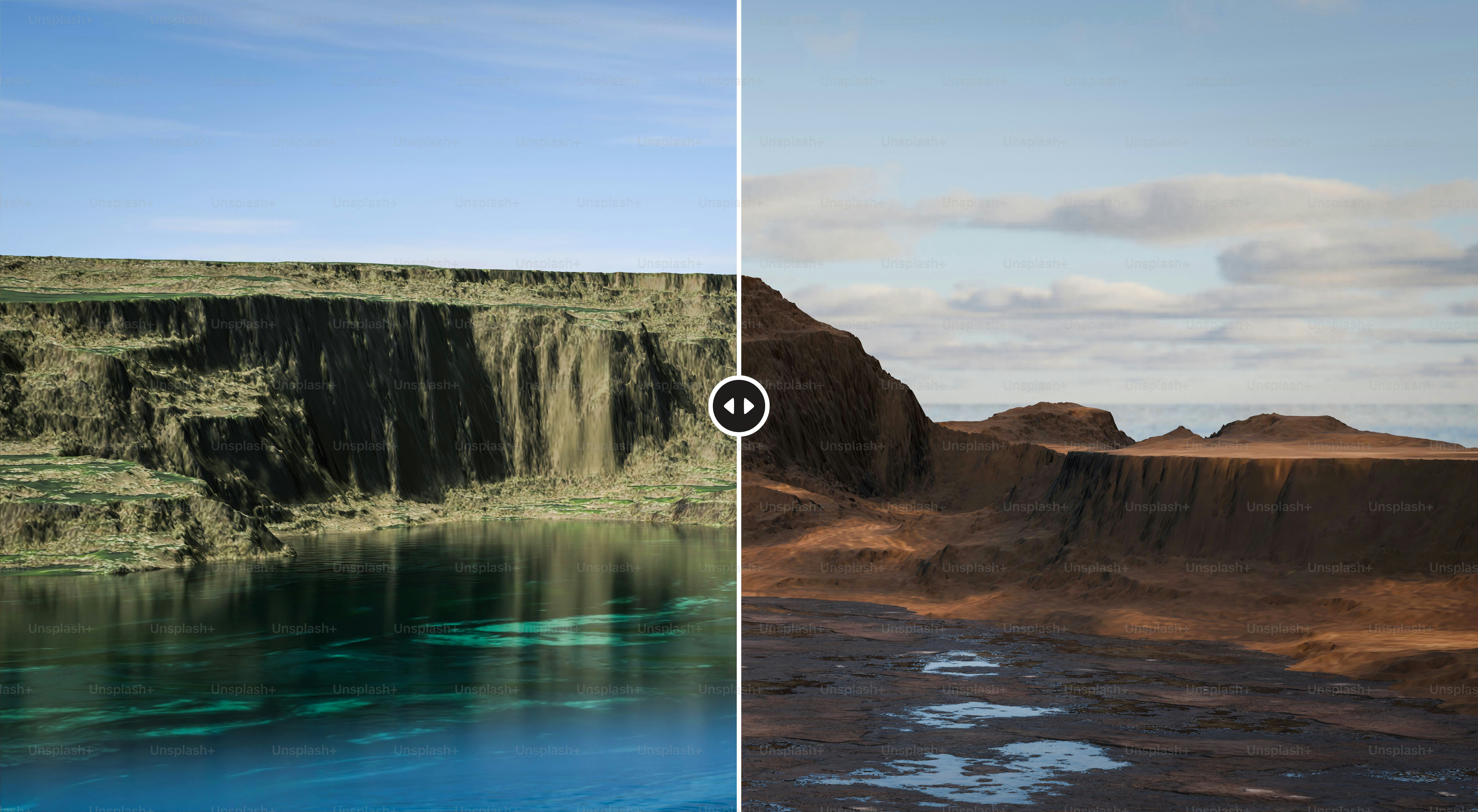 水と崖の対照的な2つの風景。