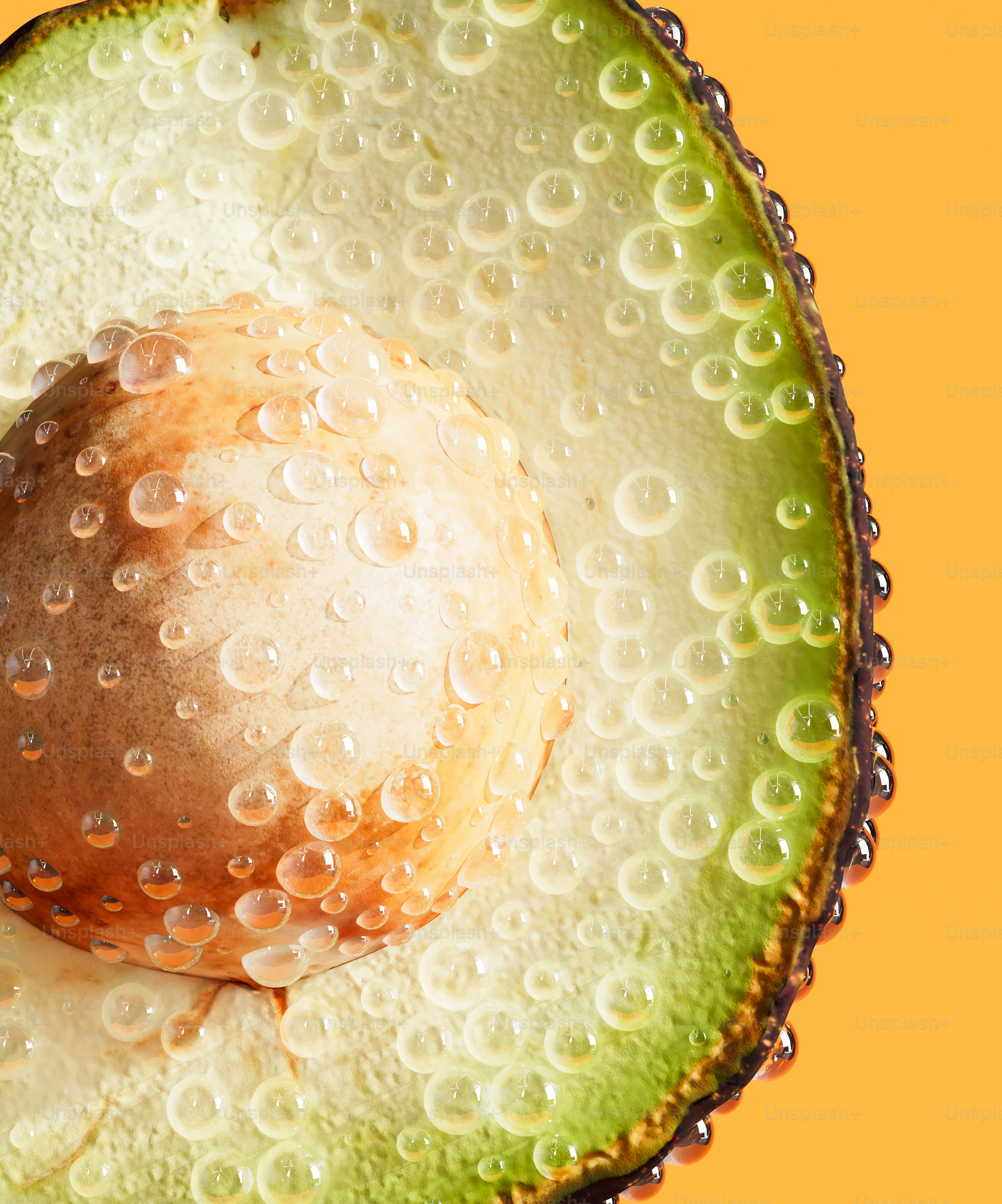 Primer plano de una mitad de aguacate fresco con gotas de agua.