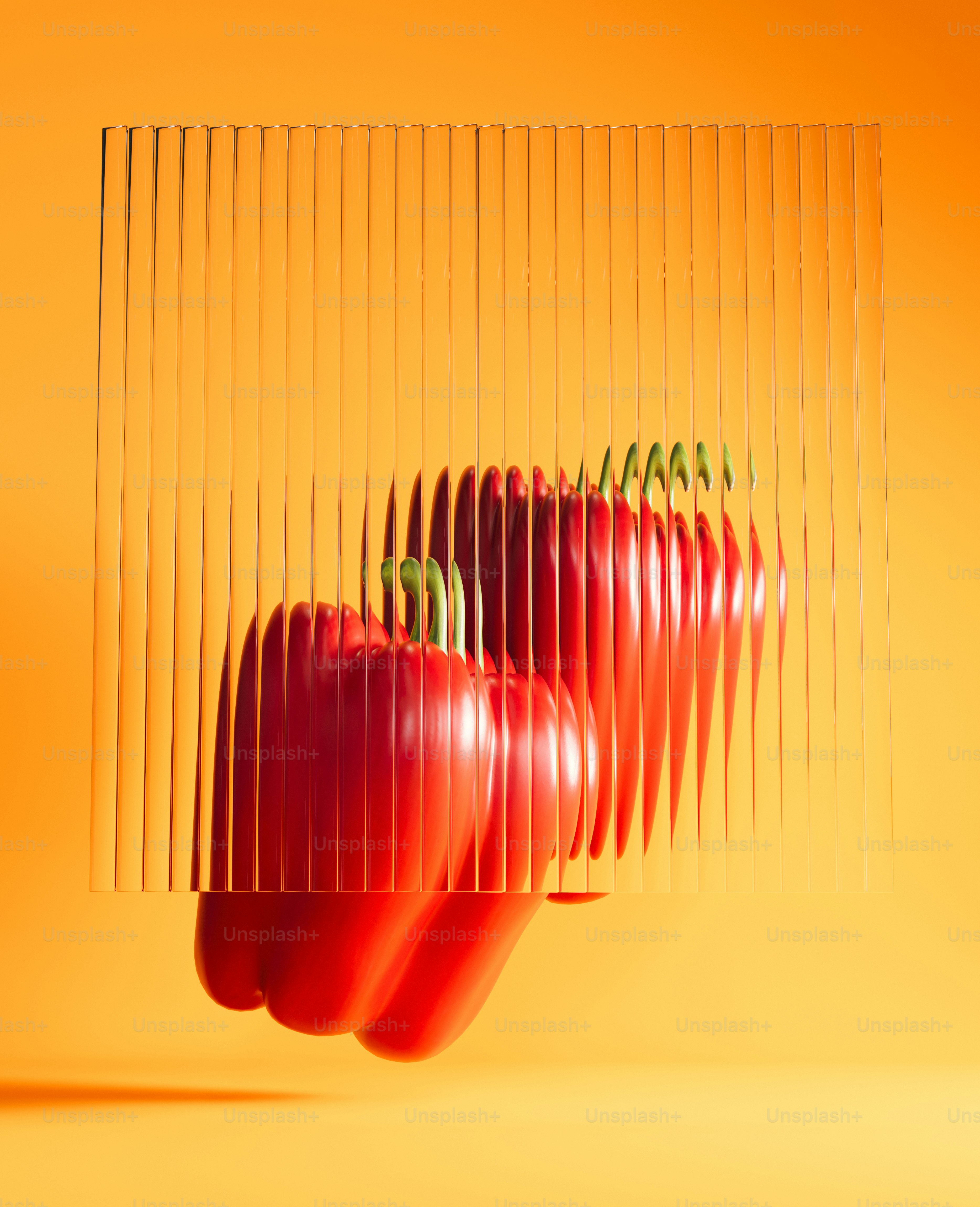Pimientos rojos vistos a través de vidrio acanalado