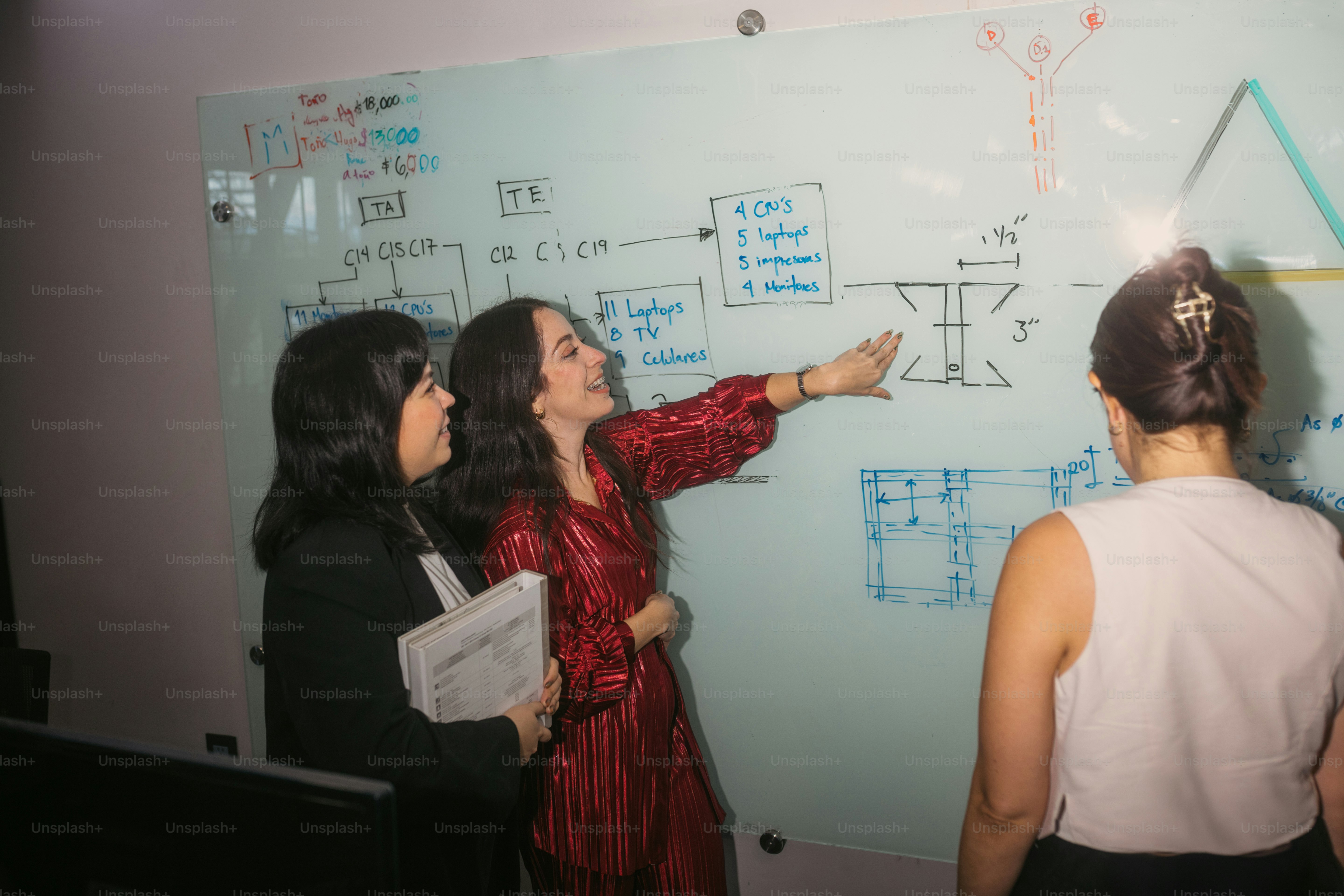 Three women discussing a diagram on a whiteboard