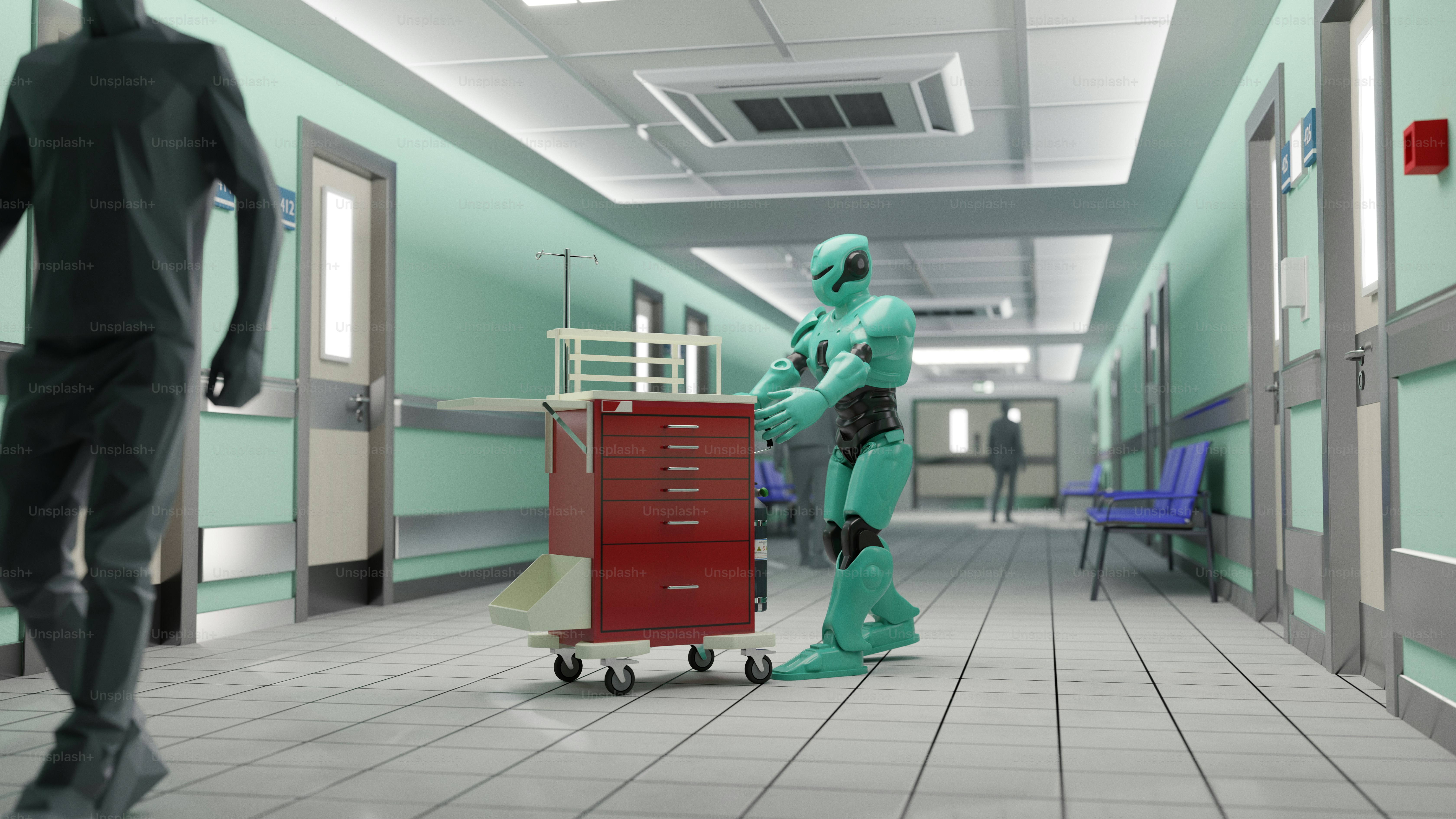 Robot pushing a medical cart down hospital hallway