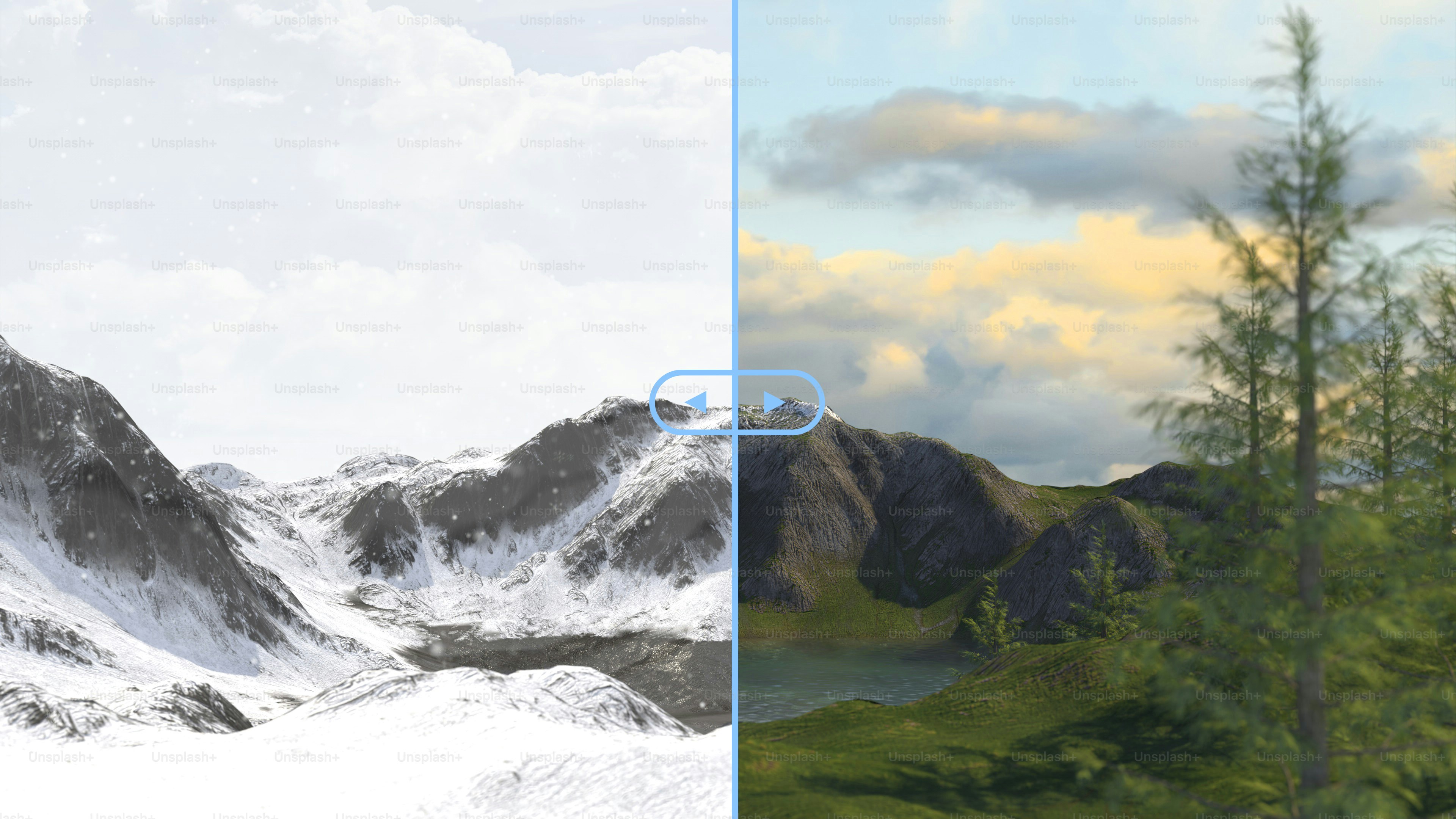 Split view of snowy mountains and green landscape