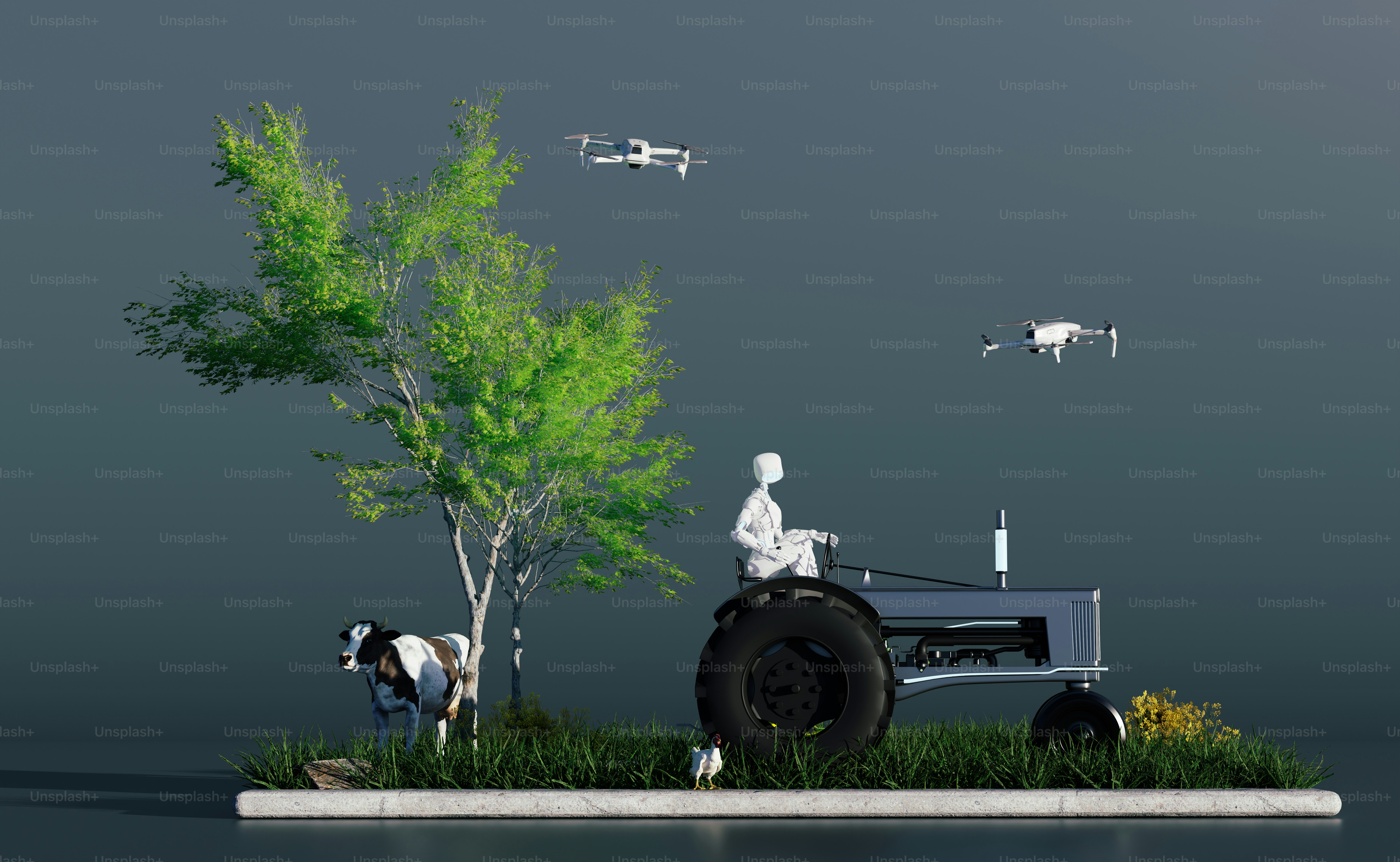 Farmer on tractor with drones and cow