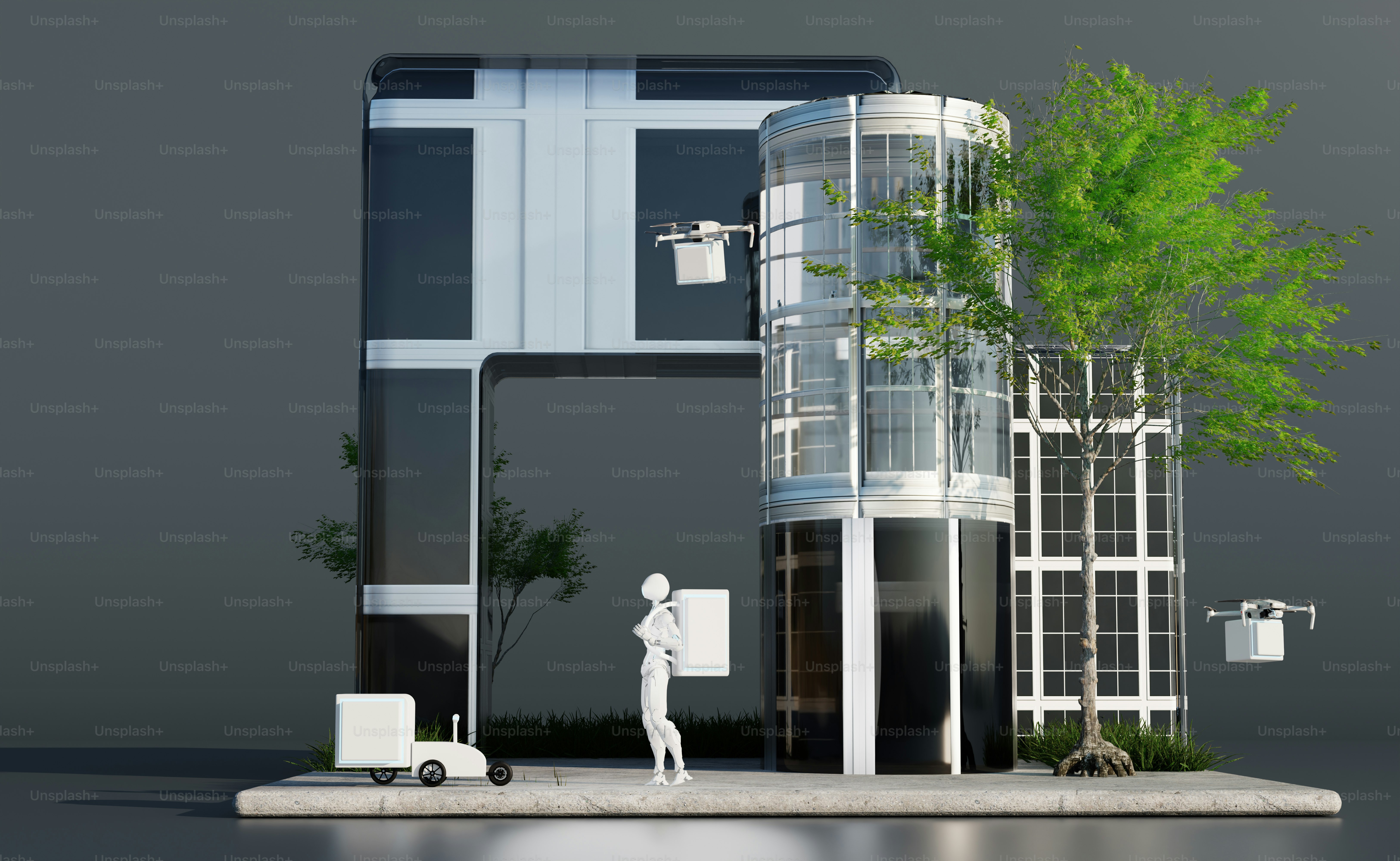 Futuristic delivery robots and building with vertical garden.