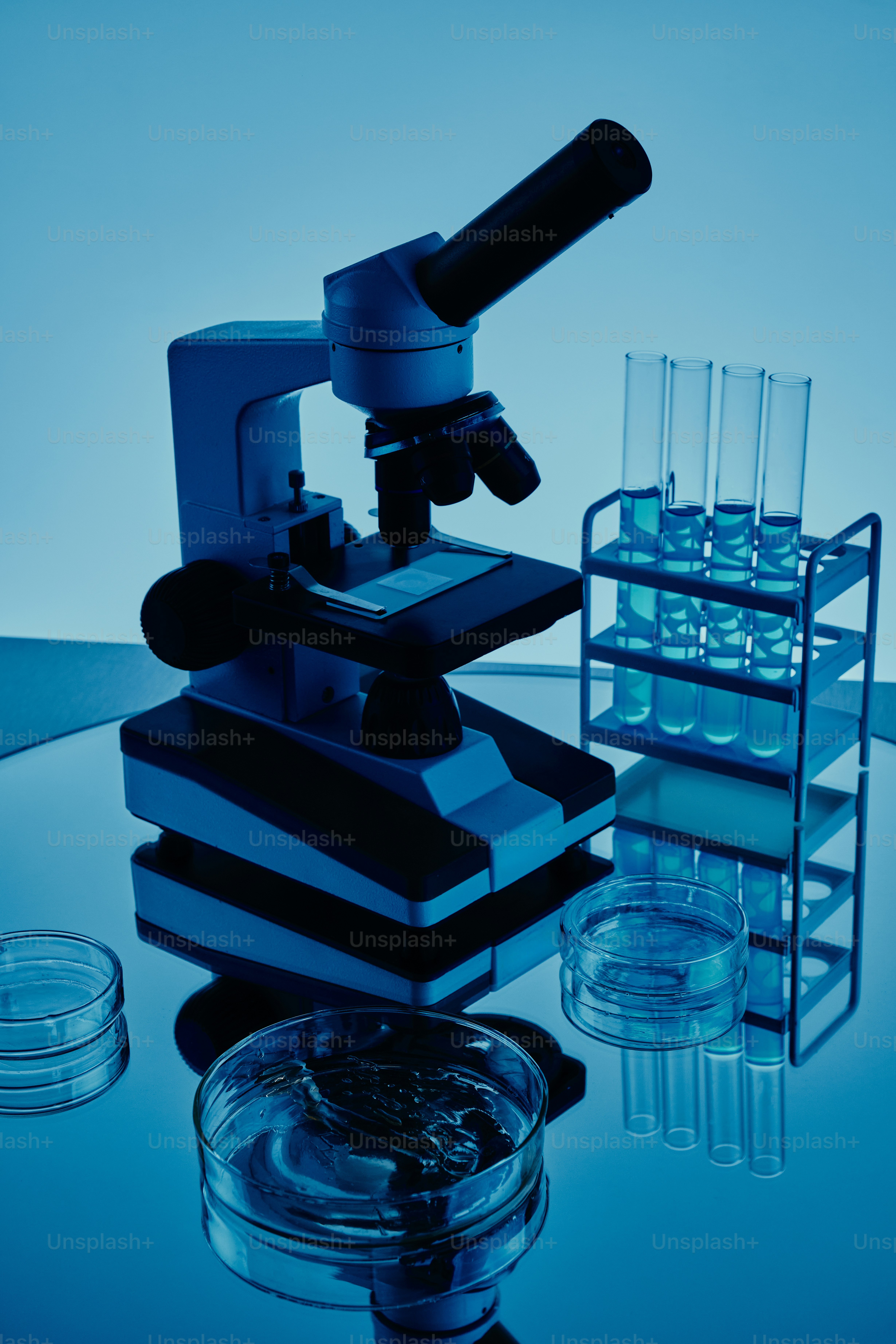 Microscope and test tubes in a laboratory setting