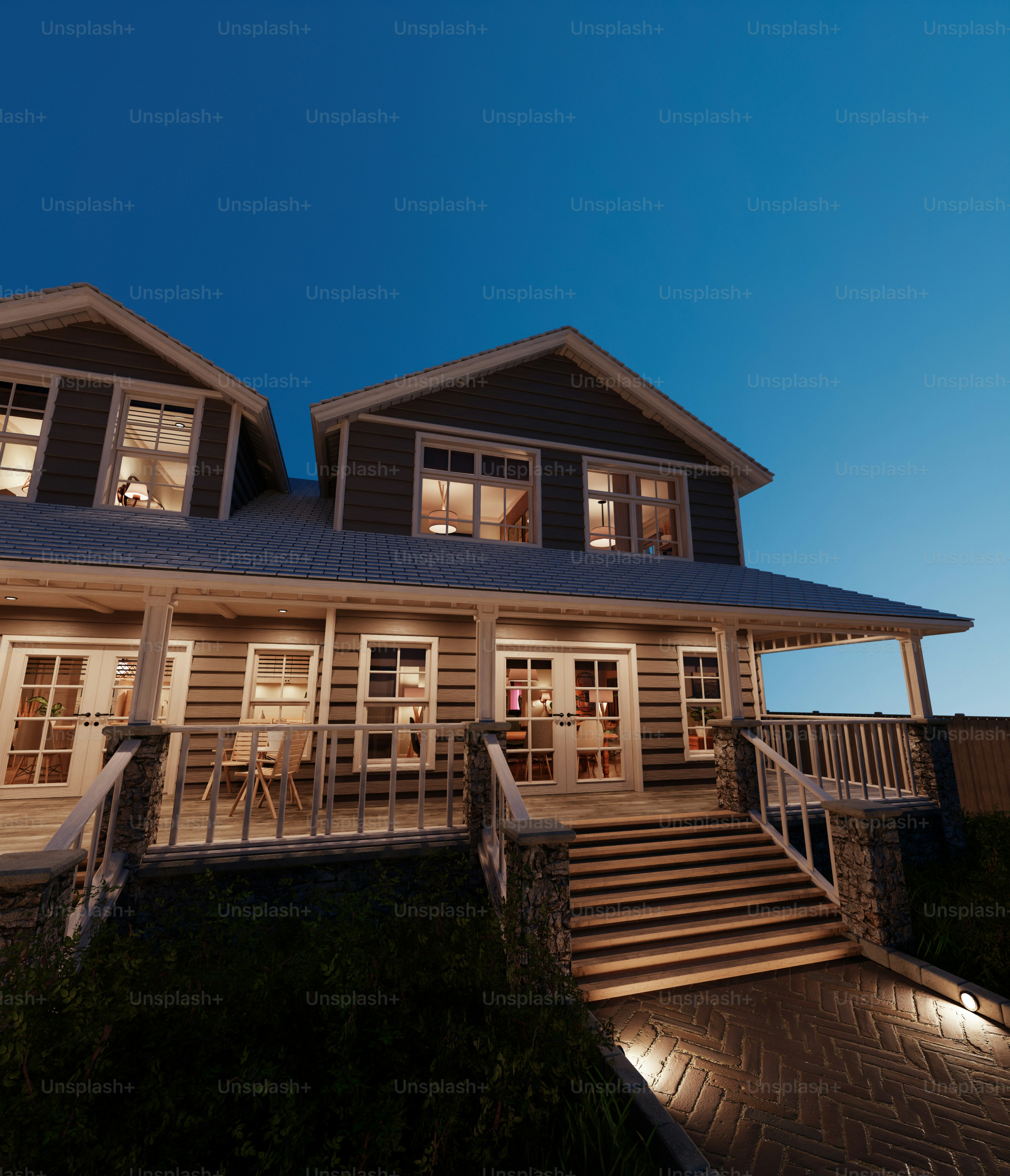 A modern house with a porch at dusk