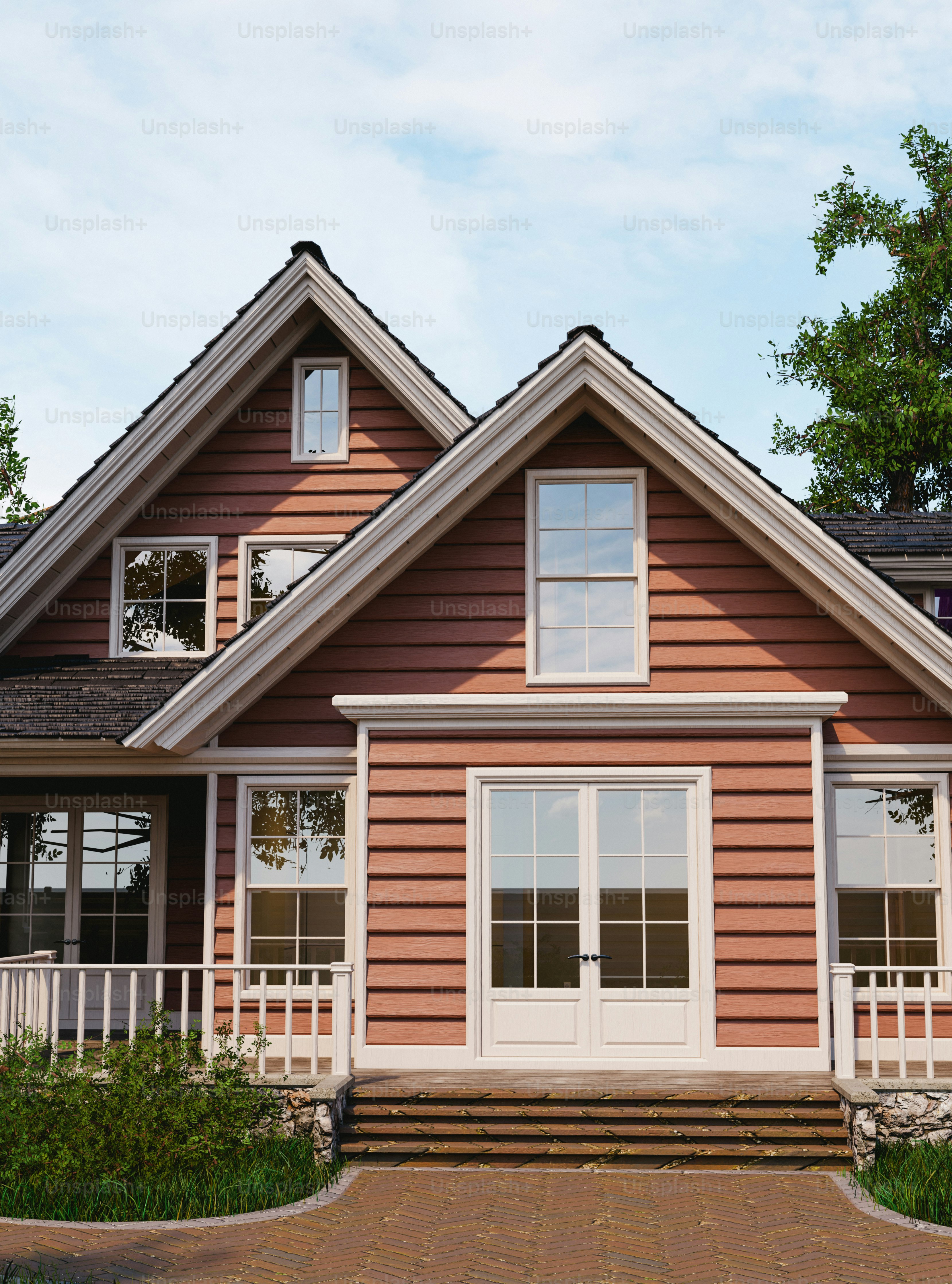 A modern house with red siding and white trim.