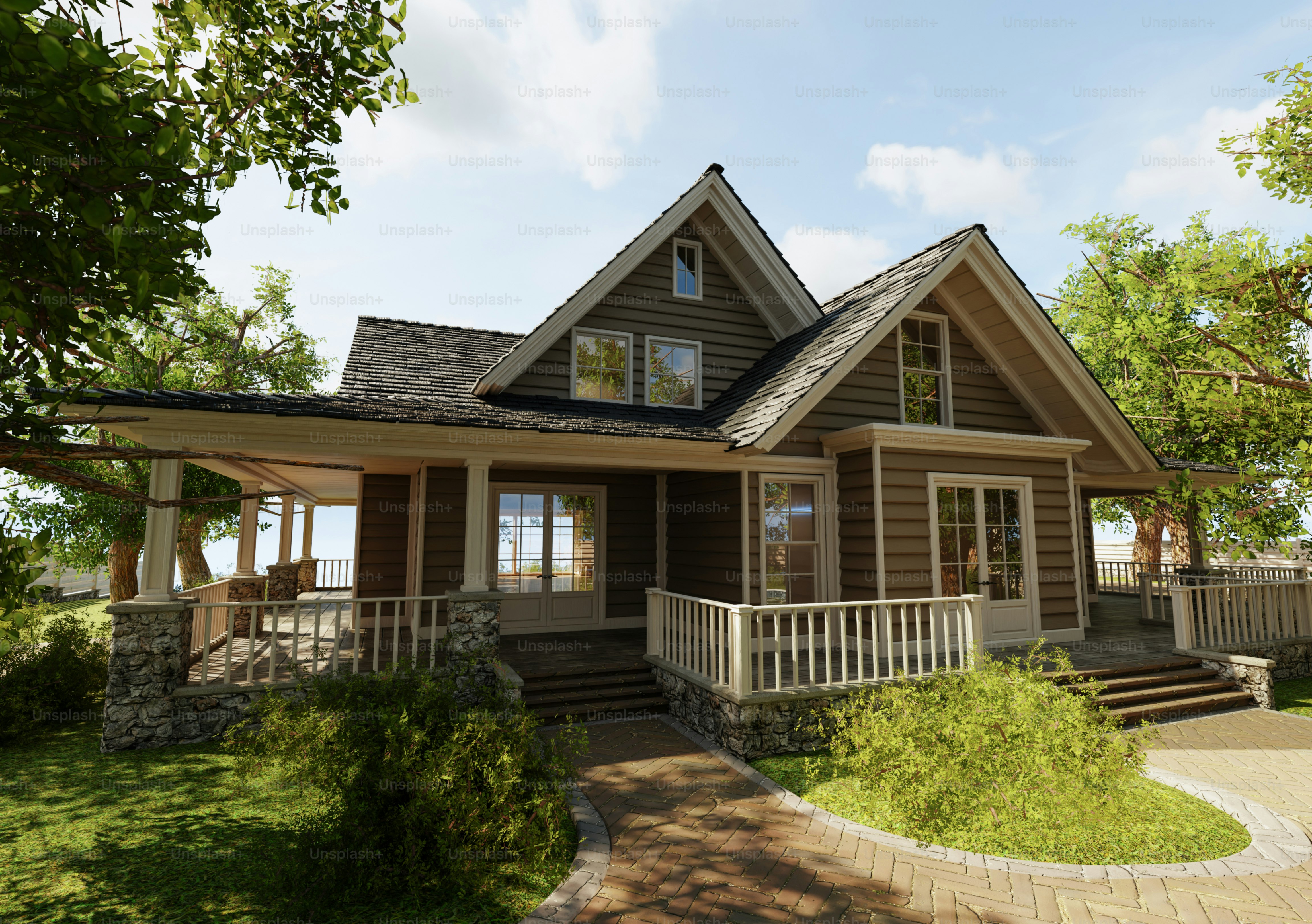 Une charmante maison en bois avec un grand porche.