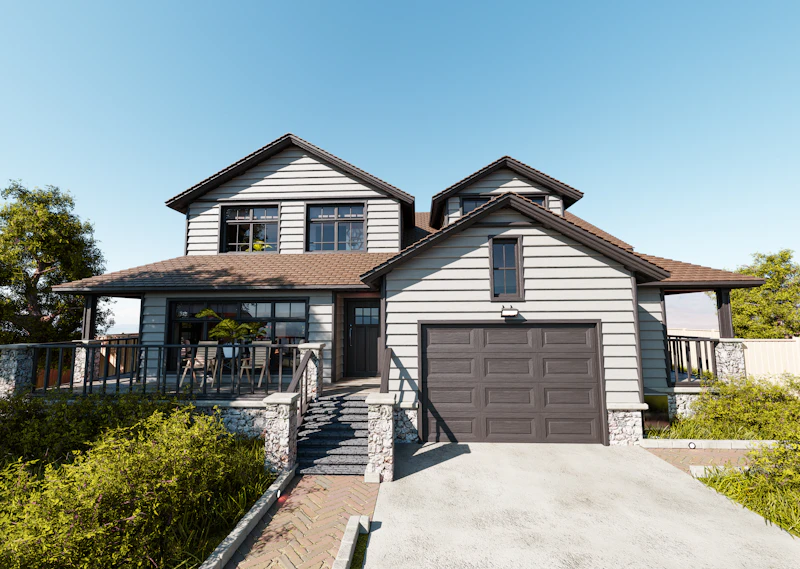Modern two-story suburban home with an attached garage and covered porch