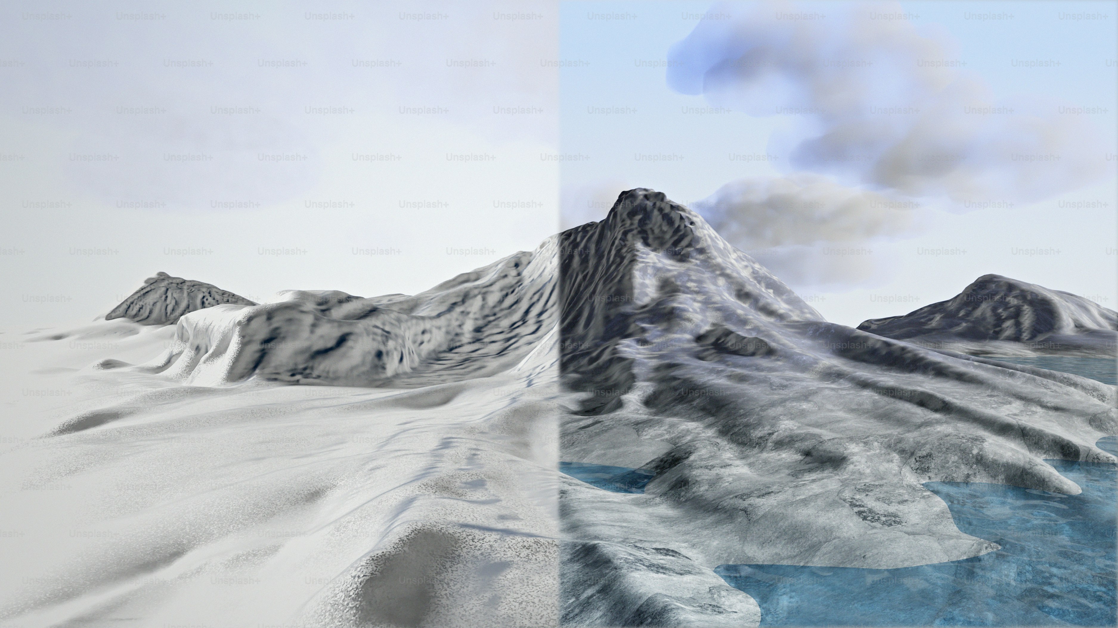 Split view of snowy mountains transitioning to icy water landscape.