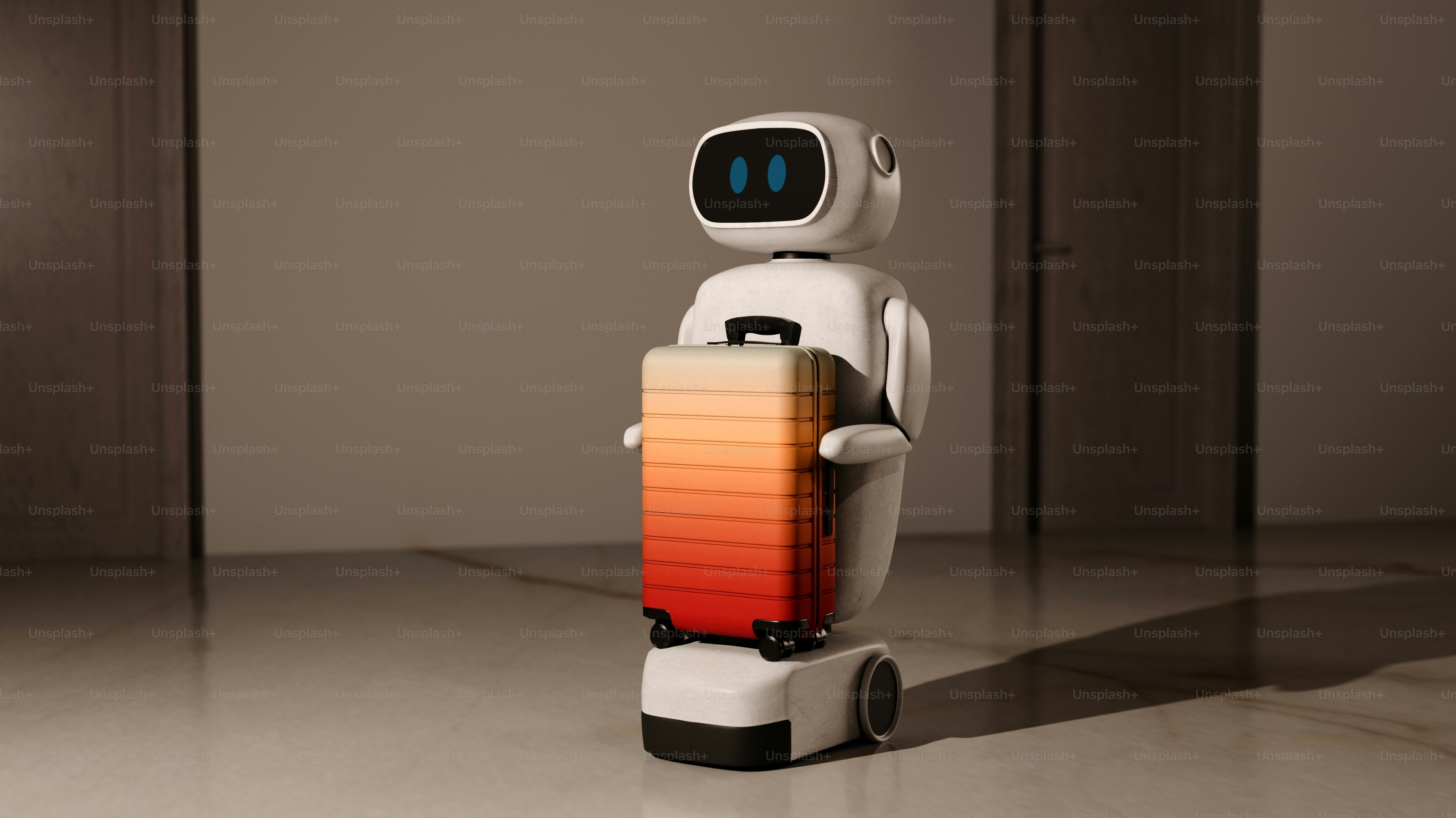 Robot carrying a colorful suitcase in a hallway.