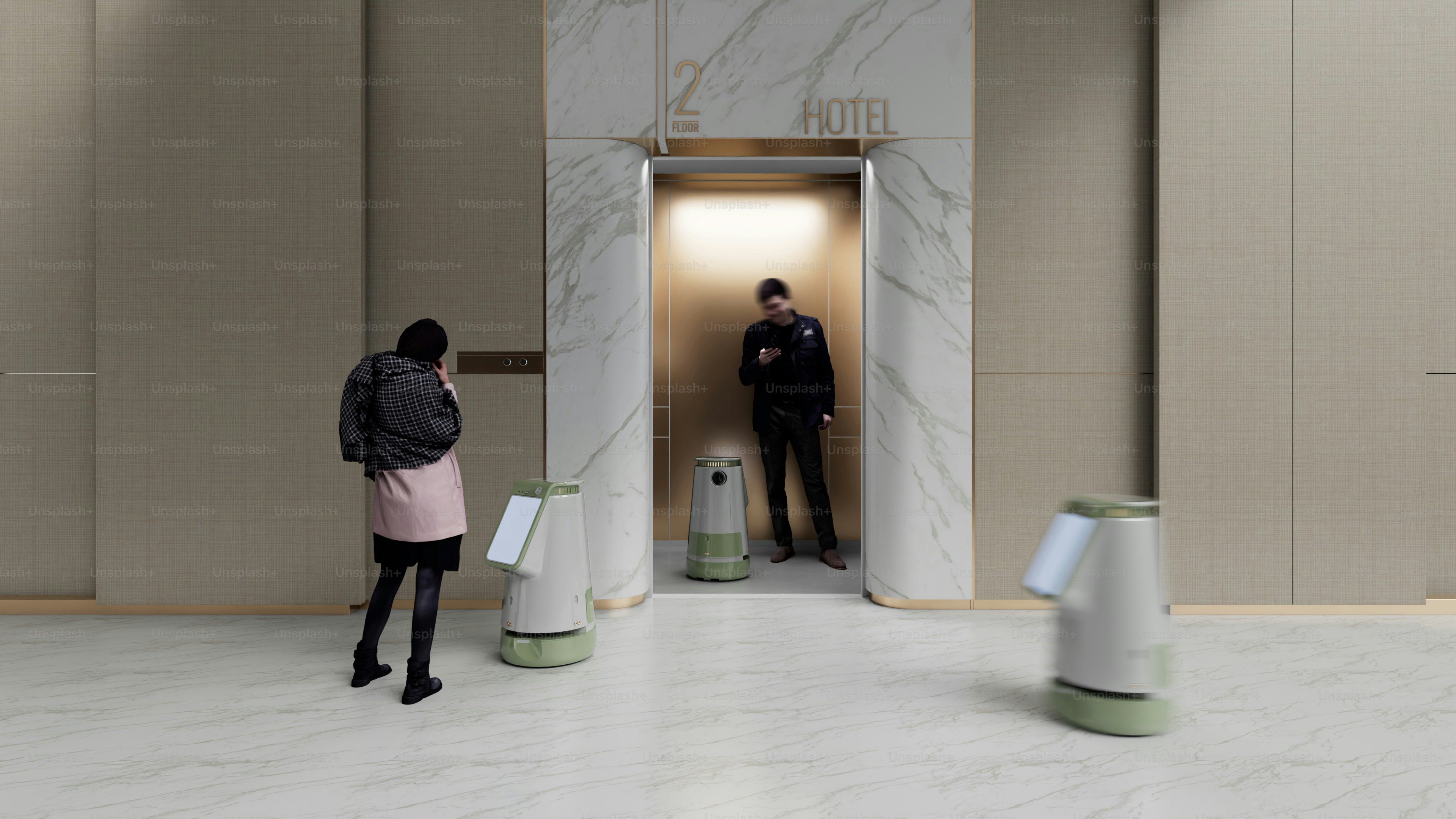 Pessoas e robôs em um lobby de edifício moderno