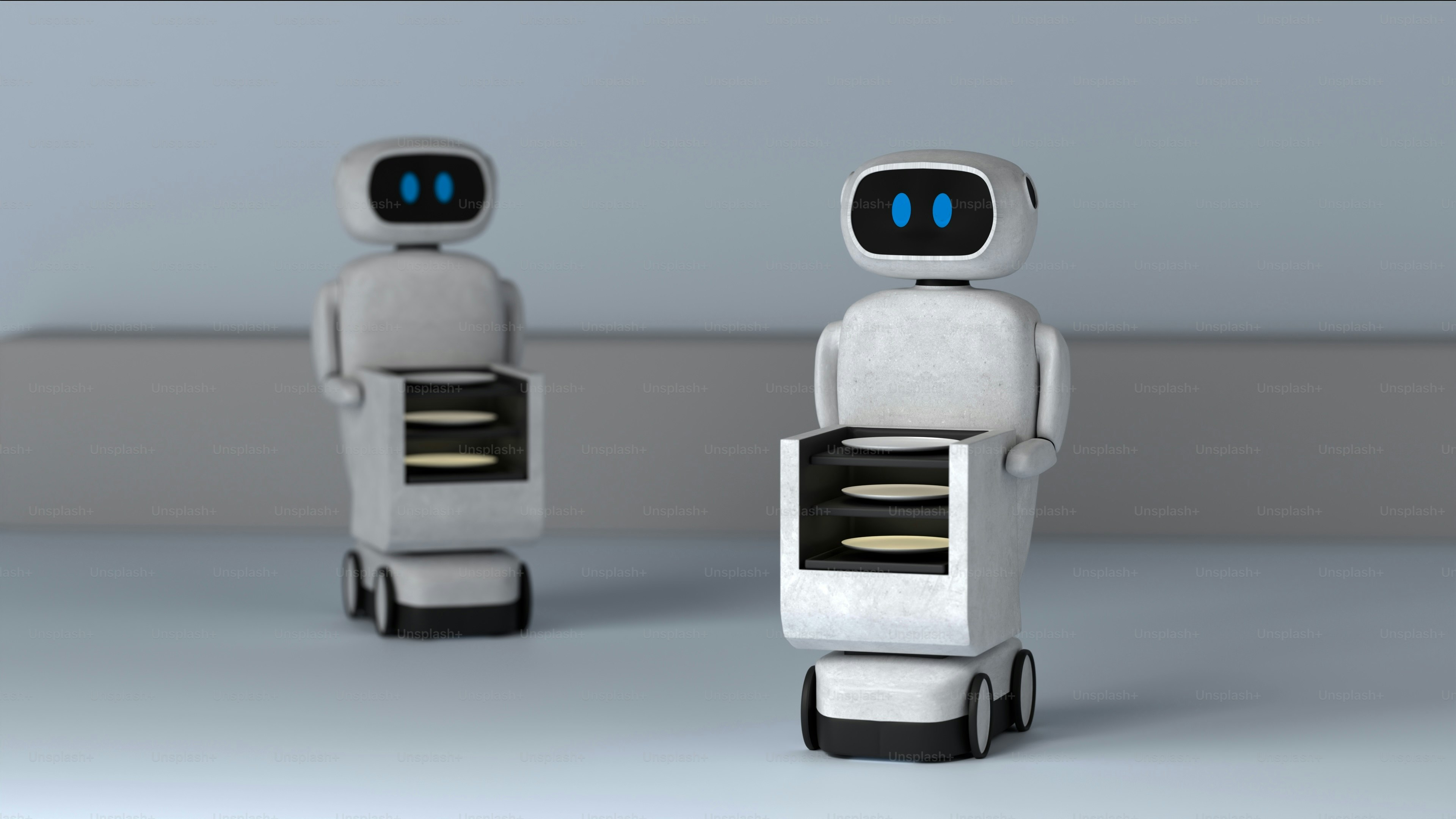 Two robots carrying trays with dishes